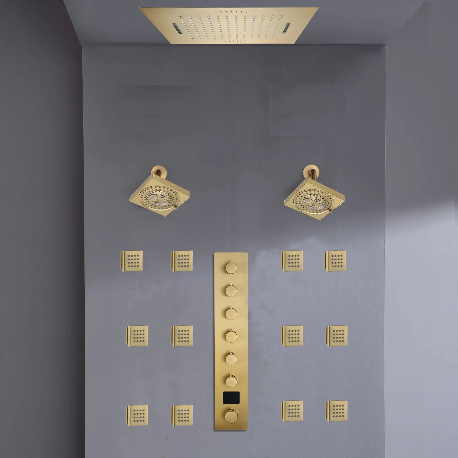 Flush mount 20 inch Rainfall Waterfall shower head 6 way Digital display thermostatic Shower Faucet with Dual Regular Heads and body jets