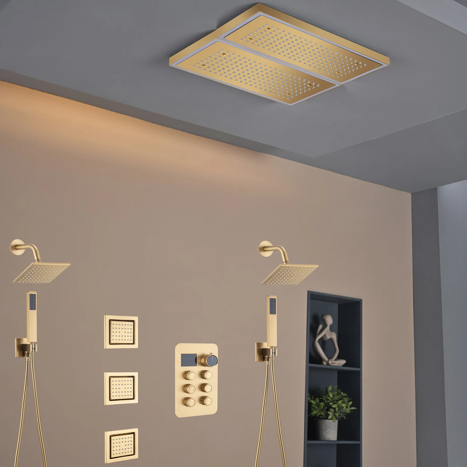 Flush Mount 16 X 16 inch or 32 x 8 inch Rainfall 64 LED Light Shower Head with 6-Way Thermostatic Faucet, Body Jets, and High-Pressure Dual Regular Heads - Image 18