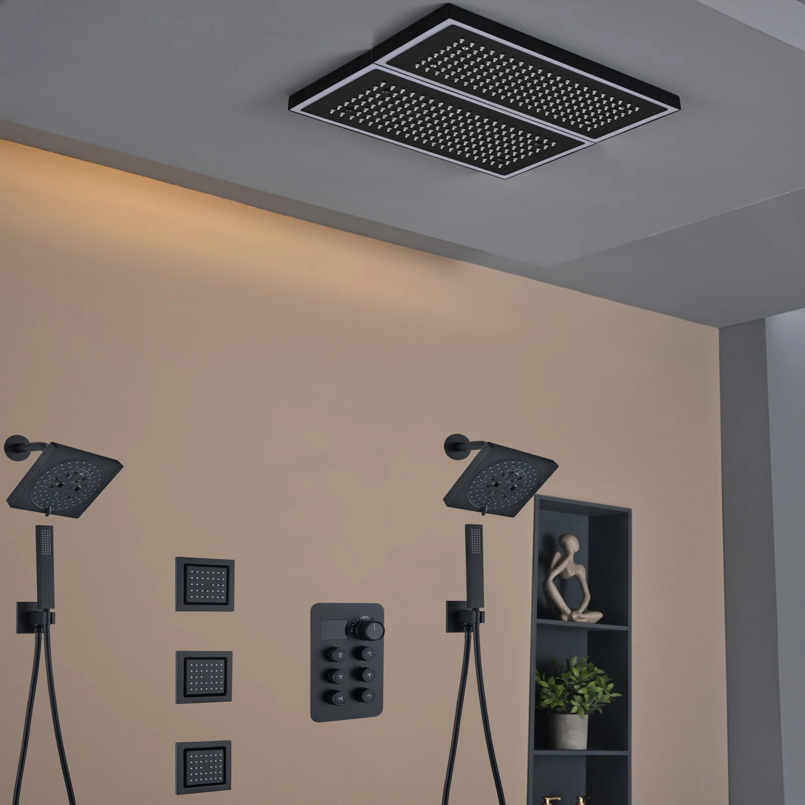 Flush Mount 16 X 16 inch or 32 x 8 inch Rainfall 64 LED Light Shower Head with 6-Way Thermostatic Faucet, Body Jets, and High-Pressure Dual Regular Heads - Image 36