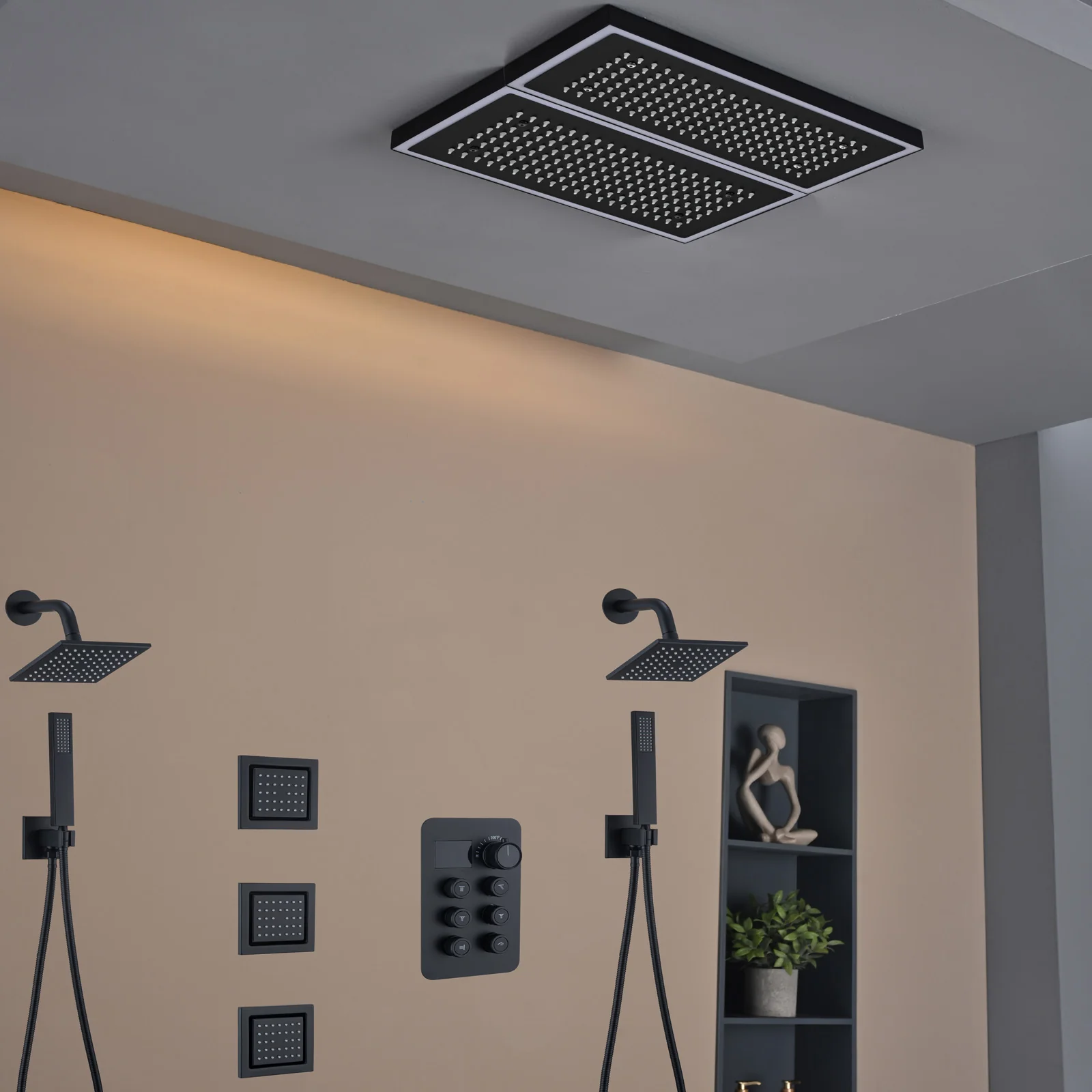 Flush Mount 16 X 16 inch or 32 x 8 inch Rainfall 64 LED Light Shower Head with 6-Way Thermostatic Faucet, Body Jets, and High-Pressure Dual Regular Heads - Image 37