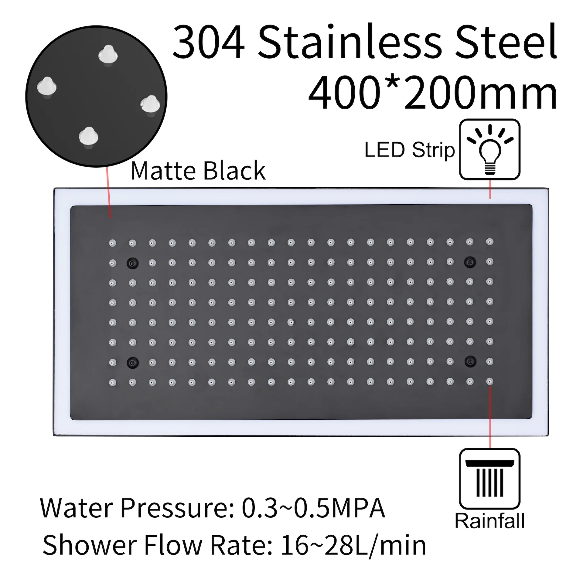 Flush Mount 32 x 8 inch Rainfall 64 LED Light Shower Head with 6-Way Digital display touch panel Thermostatic Faucet and High-Pressure Regular Heads - Image 31