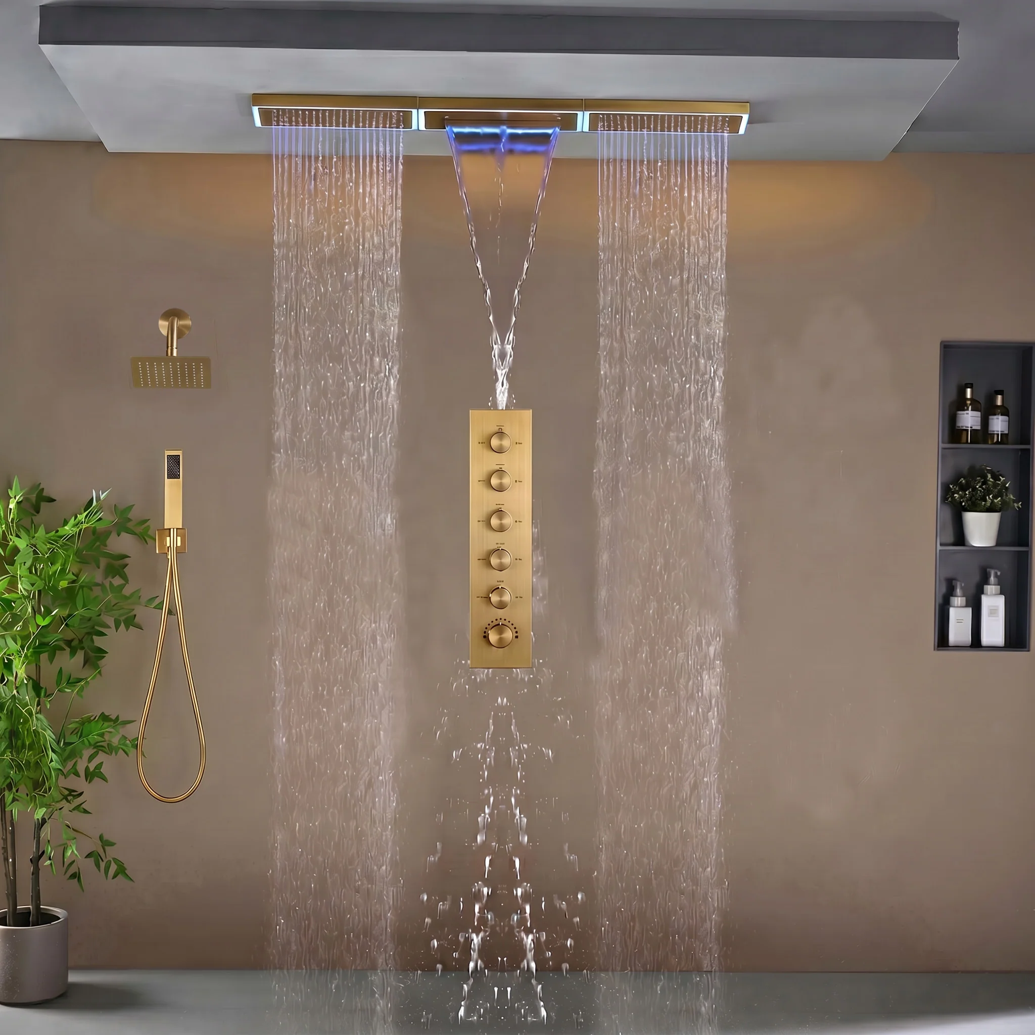 Flush Mount 48 x 8 inch Rainfall Waterfall 64 LED Light Shower Head with 5-Way Thermostatic Faucet and High-Pressure Wall Mount Regular Shower Head - Image 16