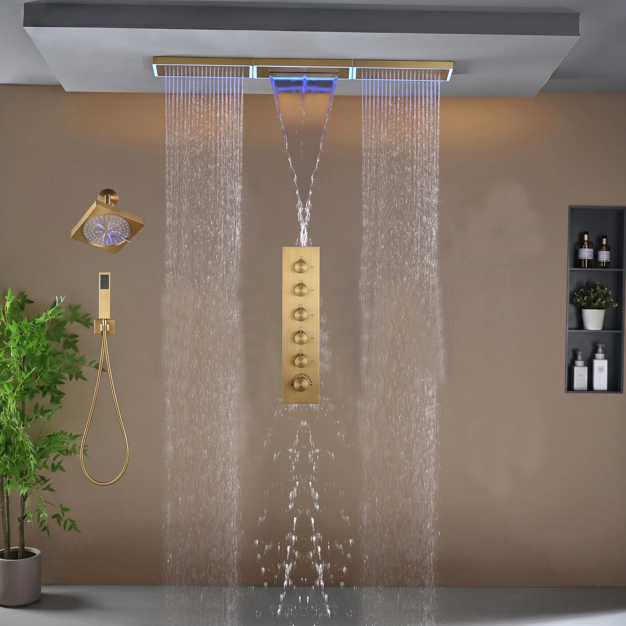 Flush Mount 48 x 8 inch Rainfall Waterfall 64 LED Light Shower Head with 5-Way Thermostatic Faucet and High-Pressure Wall Mount Regular Shower Head - Image 17