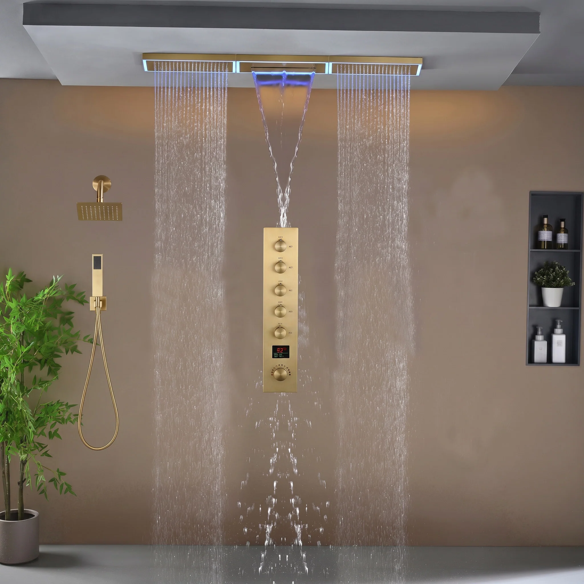 Flush Mount 48 x 8 inch Rainfall Waterfall 64 LED Light Shower Head with 5-Way Thermostatic Faucet and High-Pressure Wall Mount Regular Shower Head - Image 18