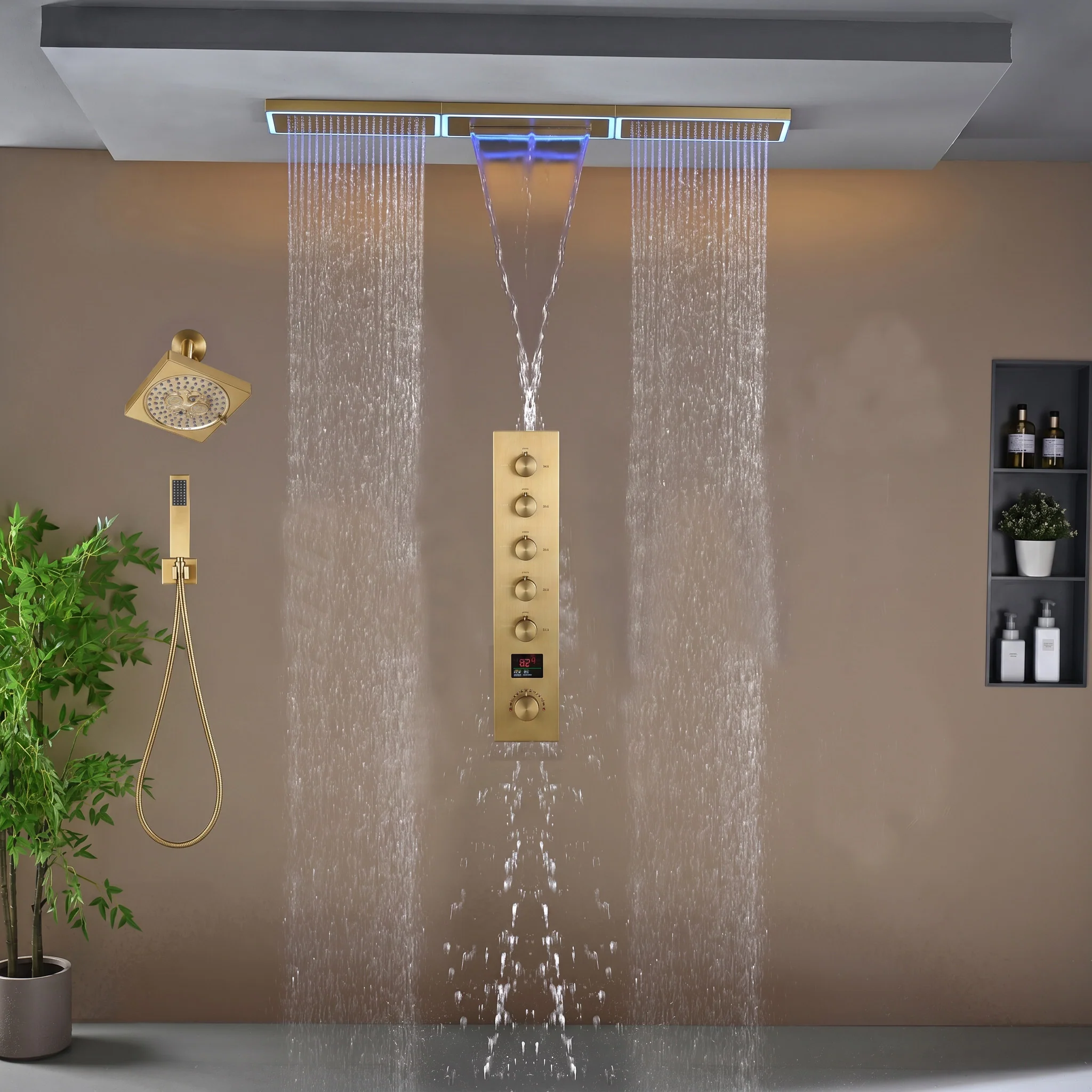 Flush Mount 48 x 8 inch Rainfall Waterfall 64 LED Light Shower Head with 5-Way Thermostatic Faucet and High-Pressure Wall Mount Regular Shower Head - Image 19
