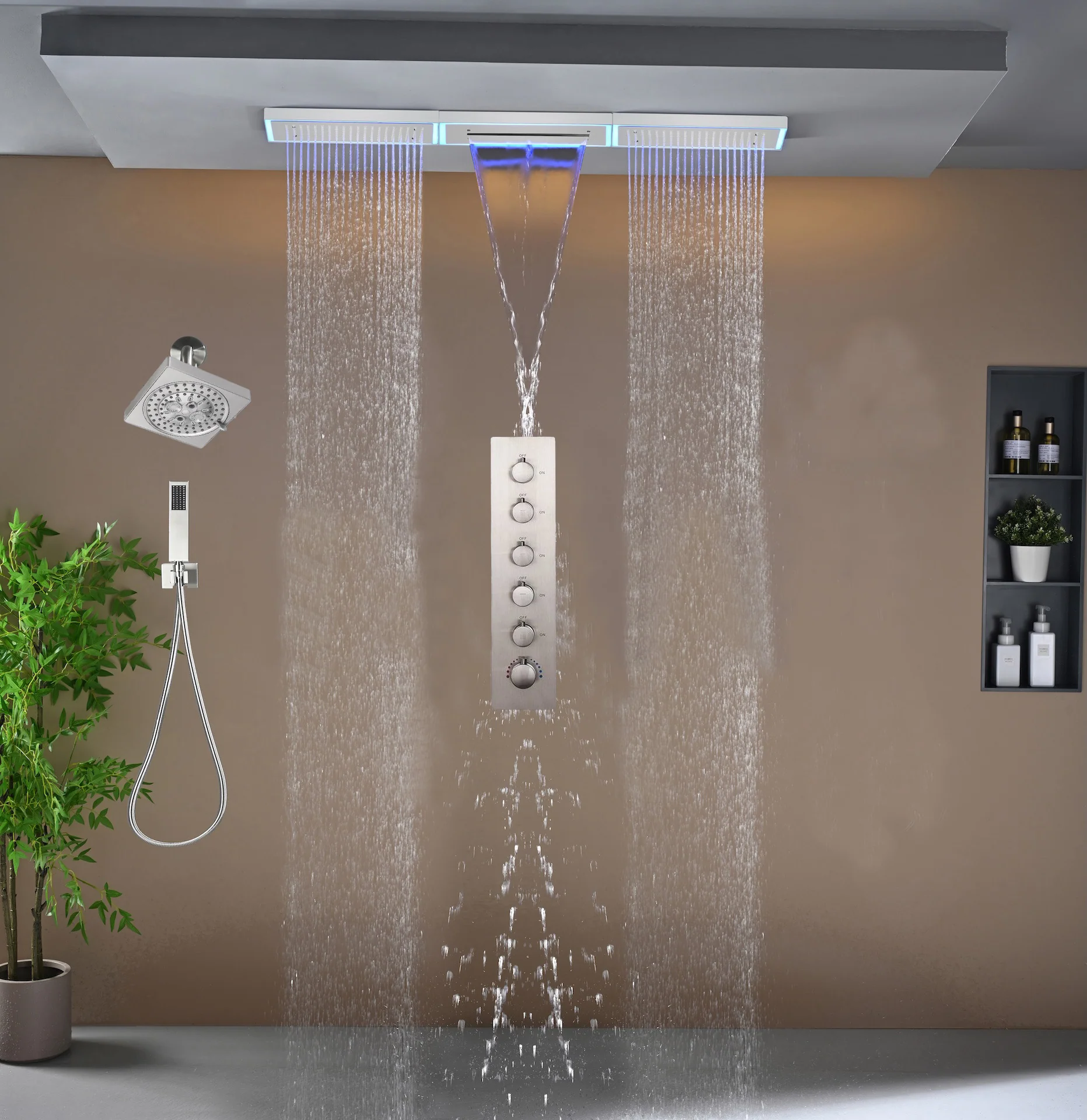 Flush Mount 48 x 8 inch Rainfall Waterfall 64 LED Light Shower Head with 5-Way Thermostatic Faucet and High-Pressure Wall Mount Regular Shower Head - Image 2