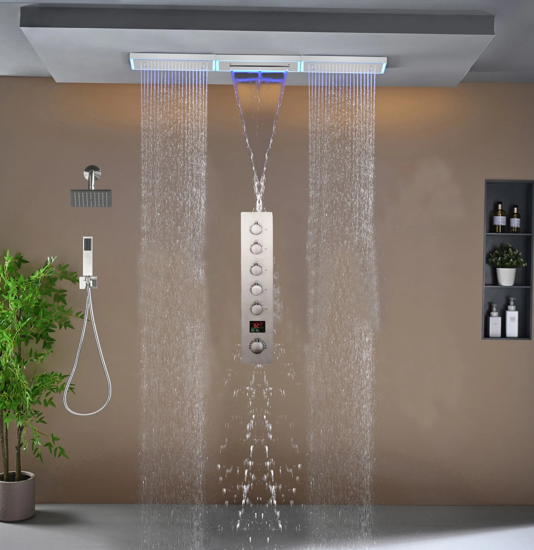Flush Mount 48 x 8 inch Rainfall Waterfall 64 LED Light Shower Head with 5-Way Thermostatic Faucet and High-Pressure Wall Mount Regular Shower Head - Image 3
