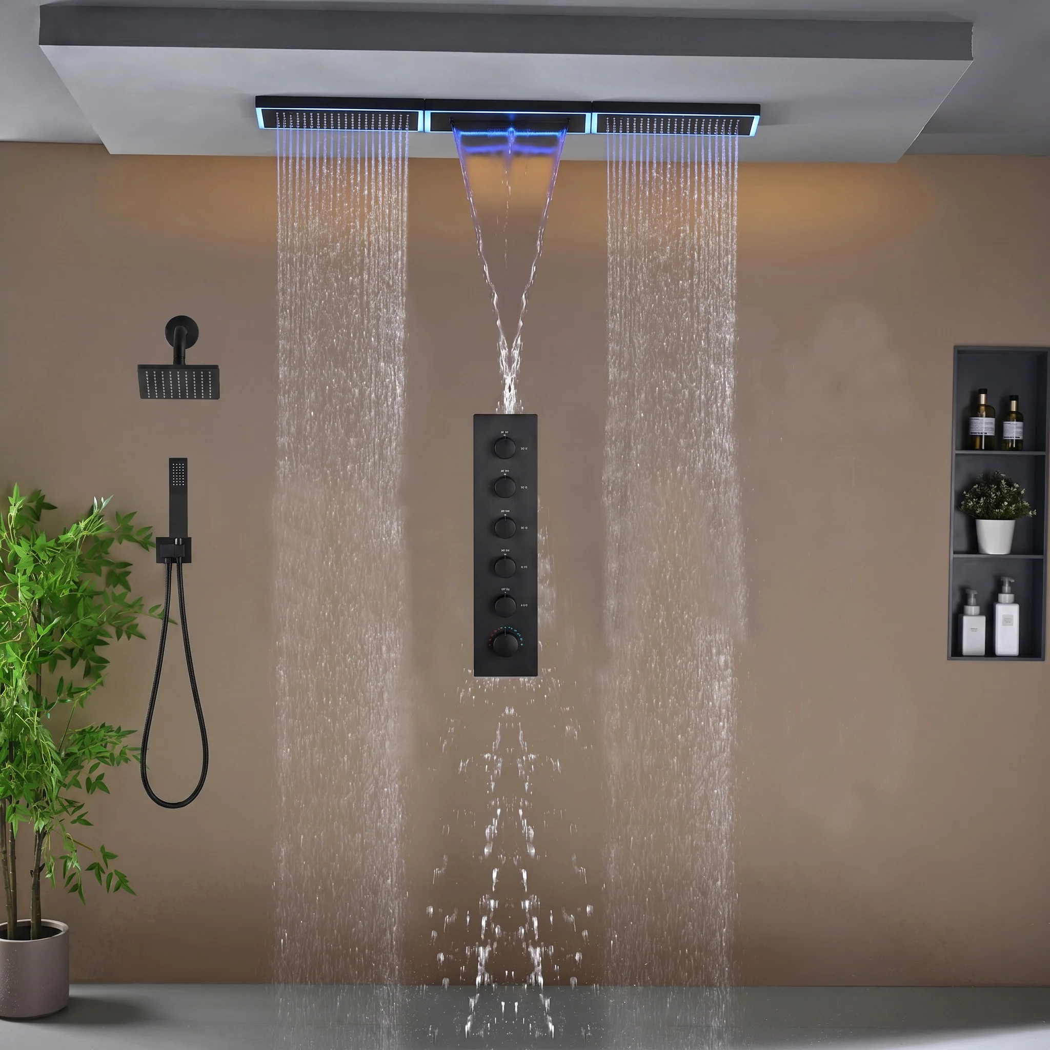 Flush Mount 48 x 8 inch Rainfall Waterfall 64 LED Light Shower Head with 5-Way Thermostatic Faucet and High-Pressure Wall Mount Regular Shower Head - Image 34