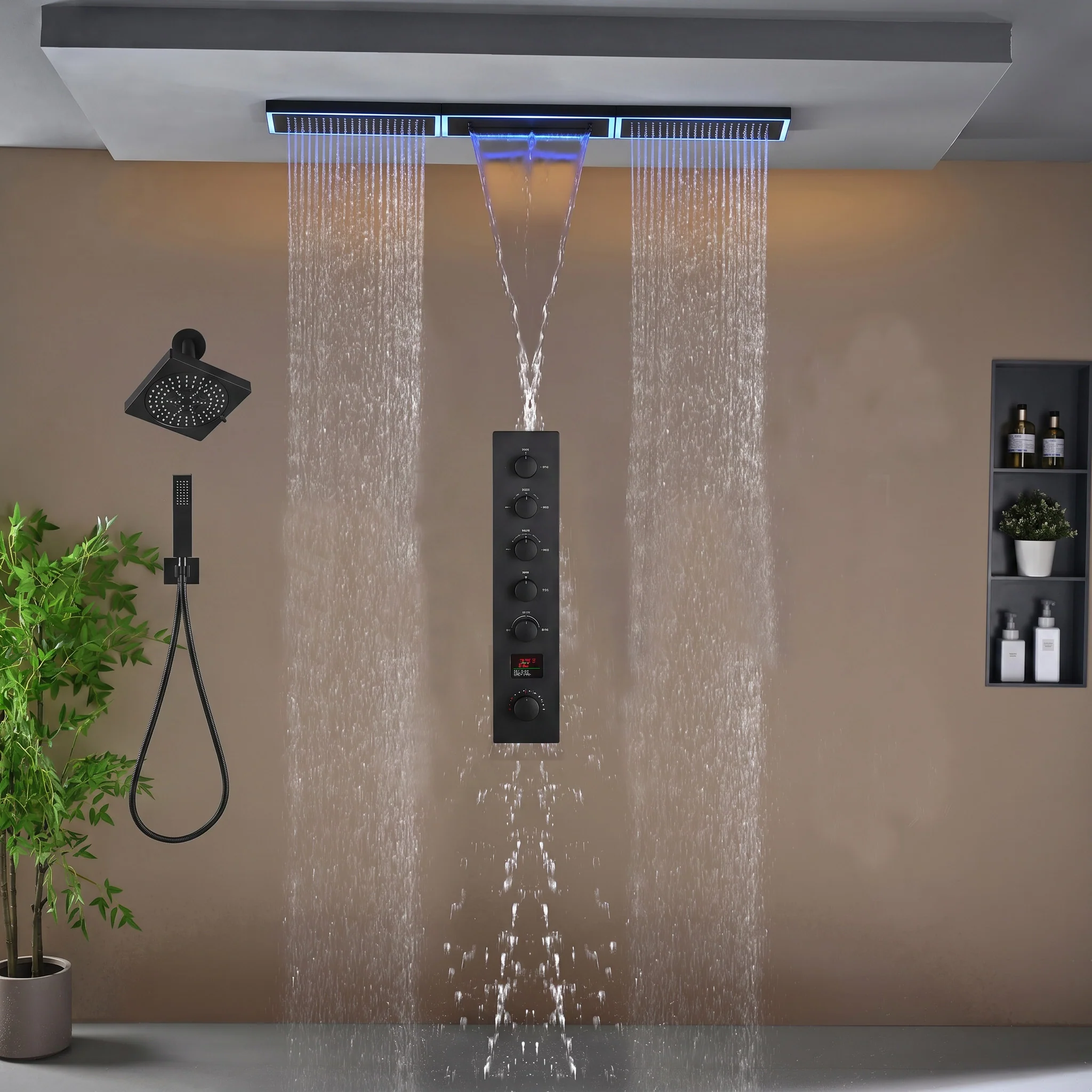Flush Mount 48 x 8 inch Rainfall Waterfall 64 LED Light Shower Head with 5-Way Thermostatic Faucet and High-Pressure Wall Mount Regular Shower Head - Image 37