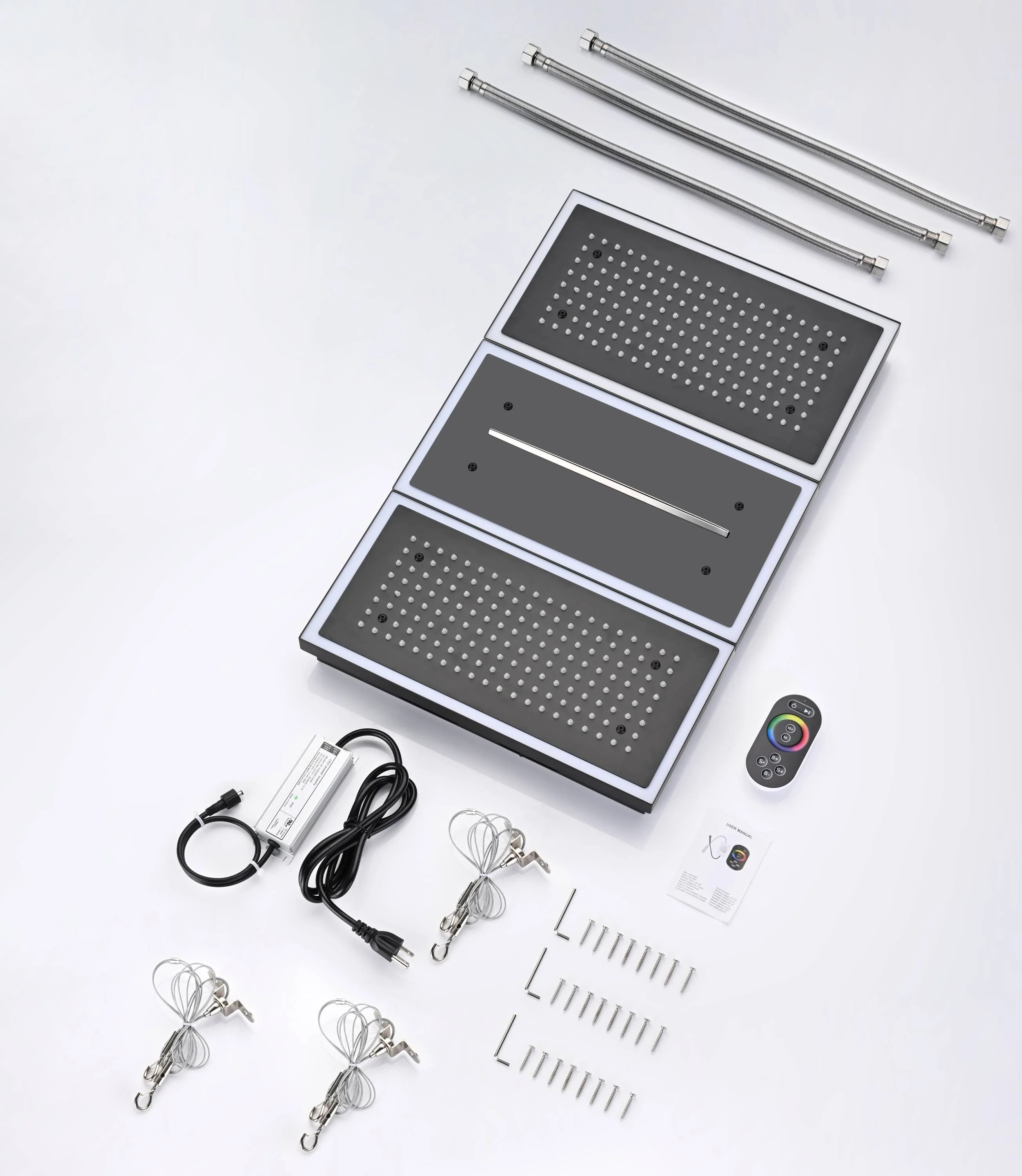 Flush Mount 24 X 16 inch or 48 x 8 inch Rainfall Waterfall 64 LED Light Shower Head with 6-Way Thermostatic Faucet, Body Jets, and High-Pressure Wall Mount Head - Image 43