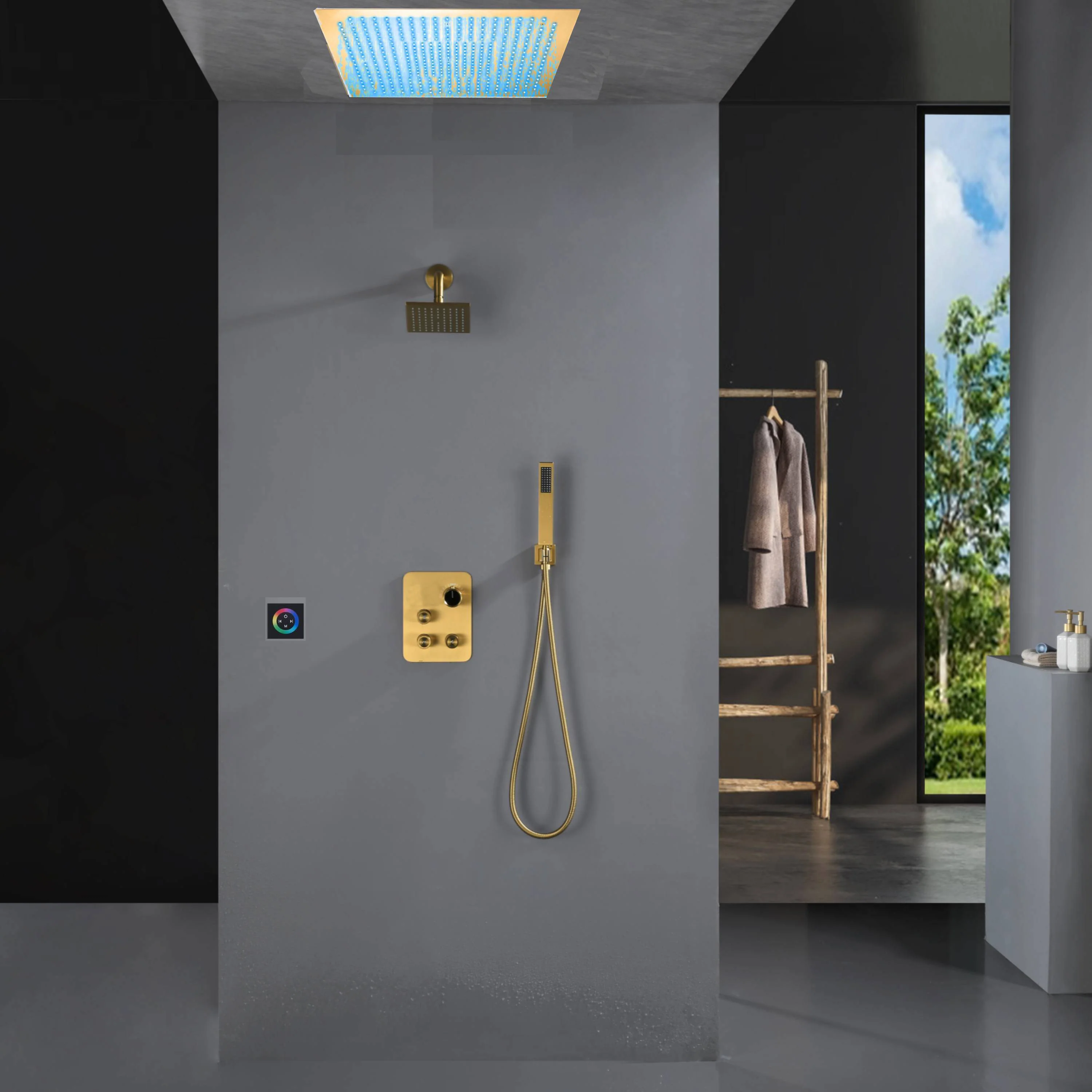Flush Mount Shower Faucet Set with 3-Way non-Digital Thermostatic Control, 64-Color LED Lights - Image 3