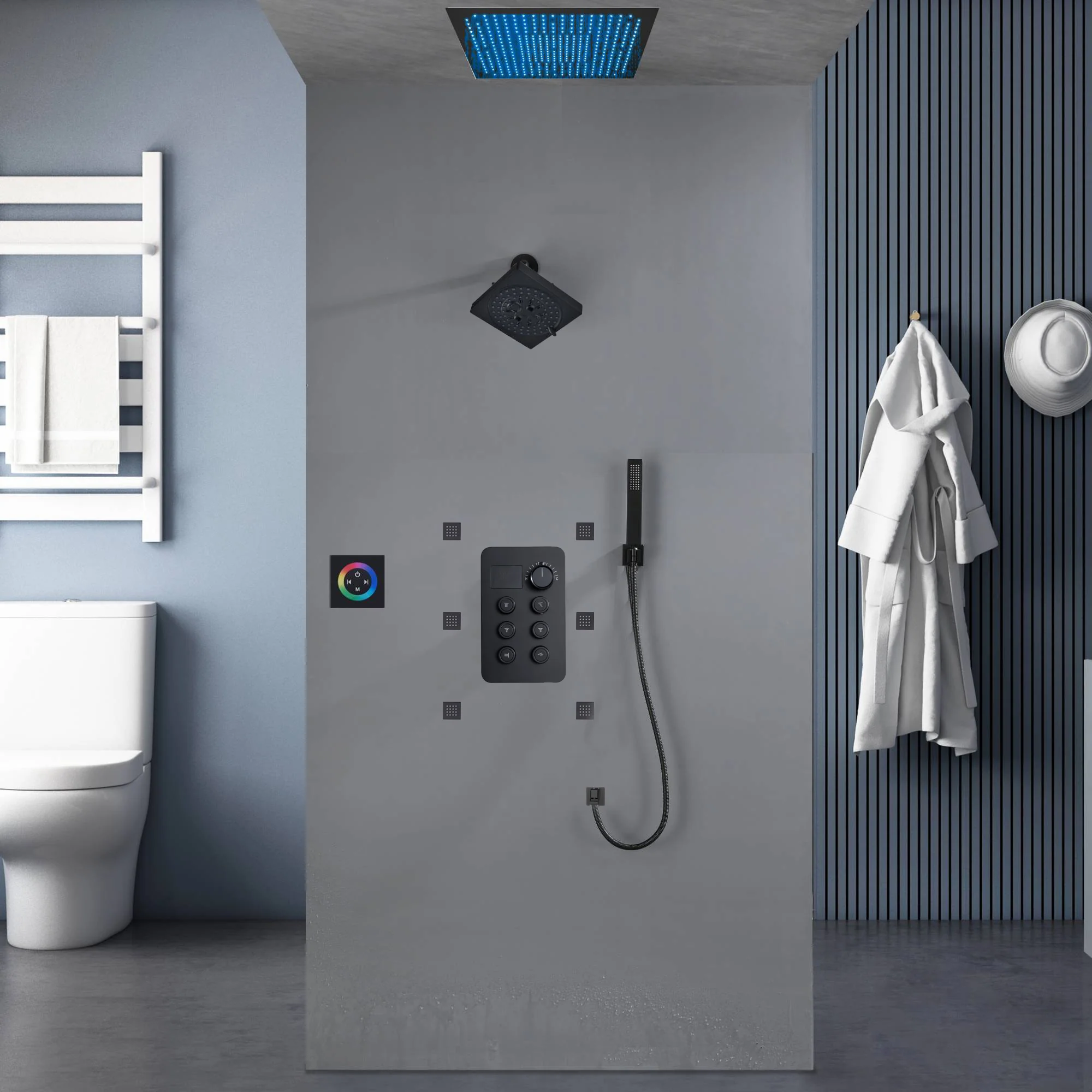Flush Mount Shower Faucet Set with 6-Way Digital Thermostatic Control, 64-Color LED Lights and Bluetooth Music - Image 3