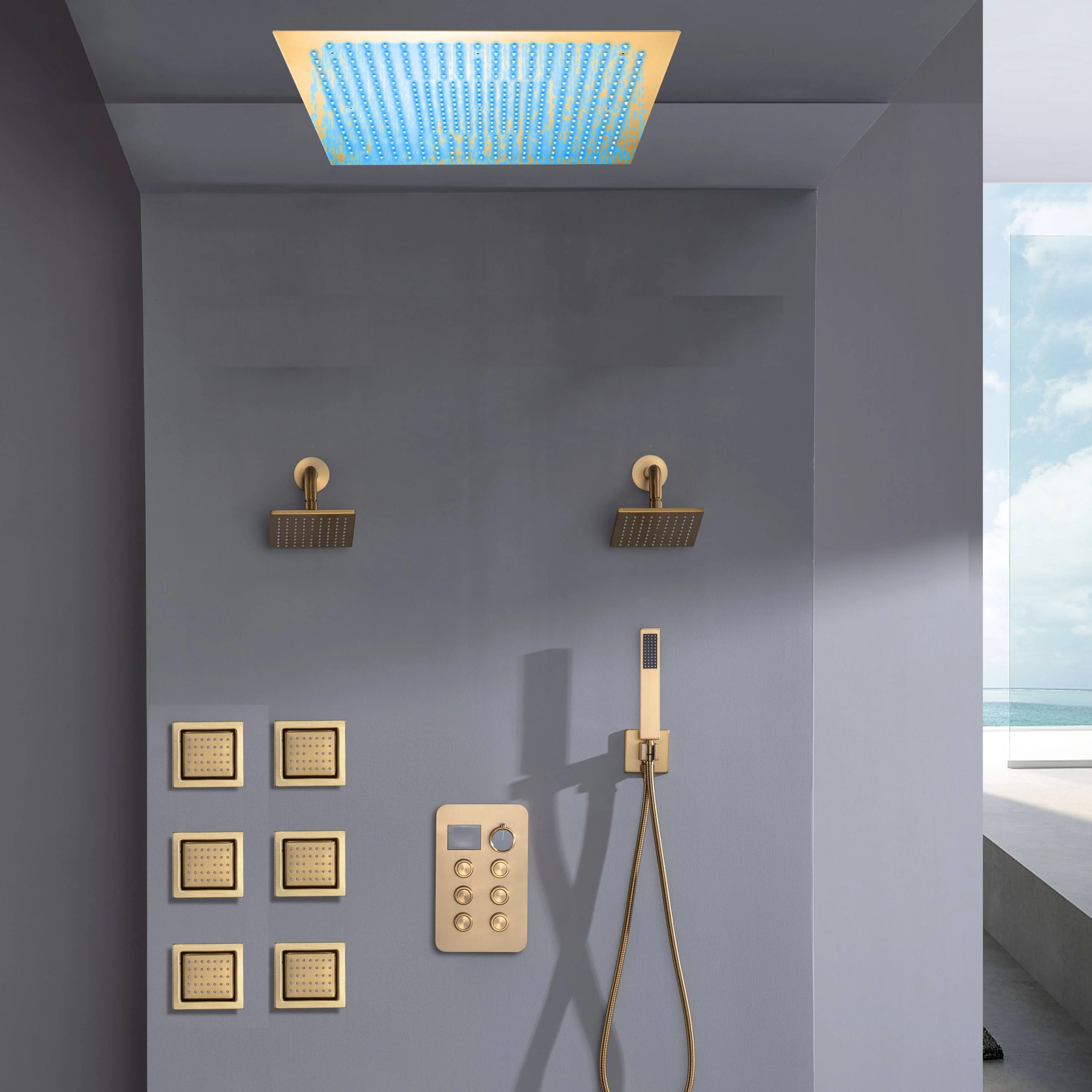 Flush Mount Shower Head with 6-Way Digital Faucet, Dual 6" Regular Head, 6 Body Jets - Image 3