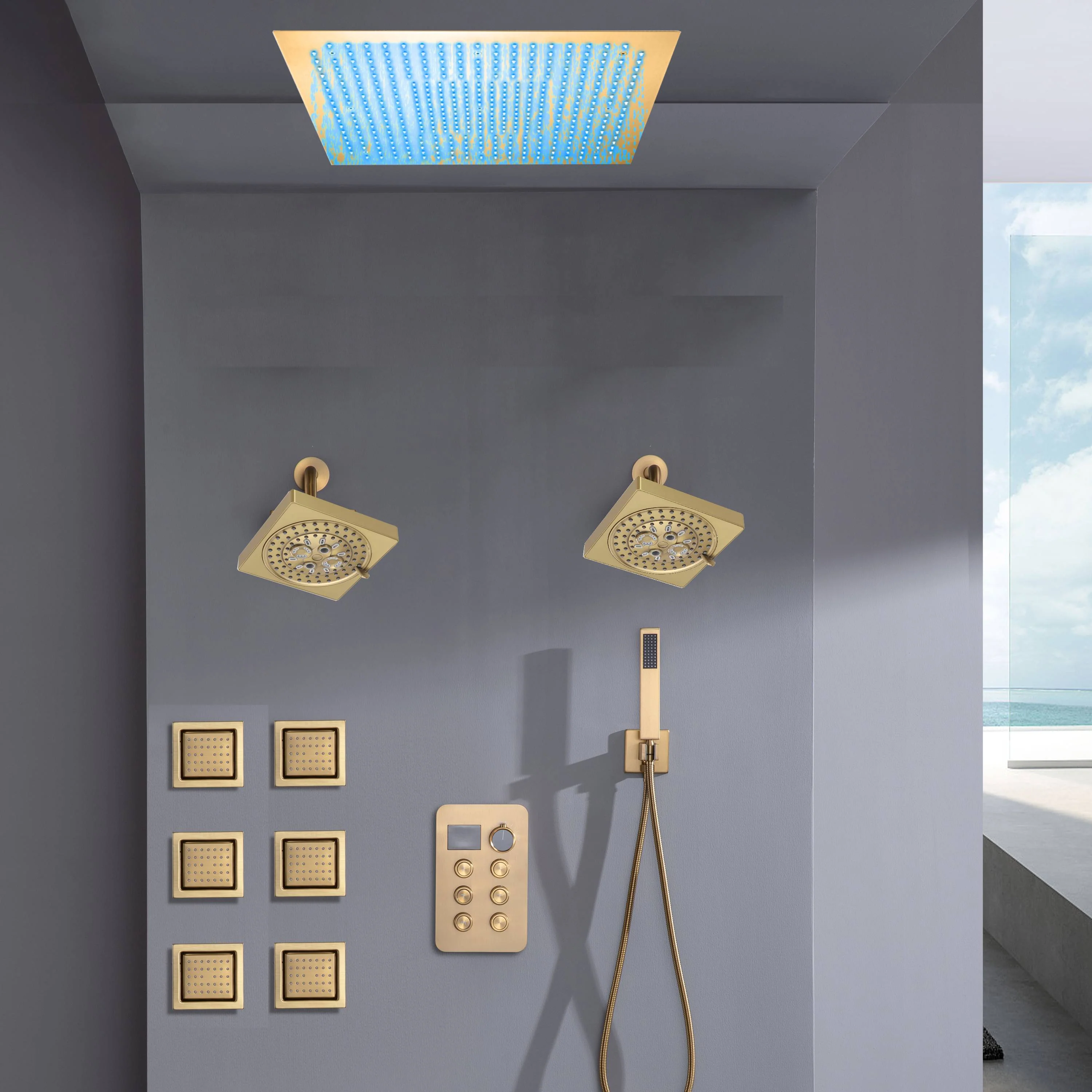 Flush Mount Shower Head with 6-Way Digital Faucet, Dual 6" Regular Head, 6 Body Jets - Image 4