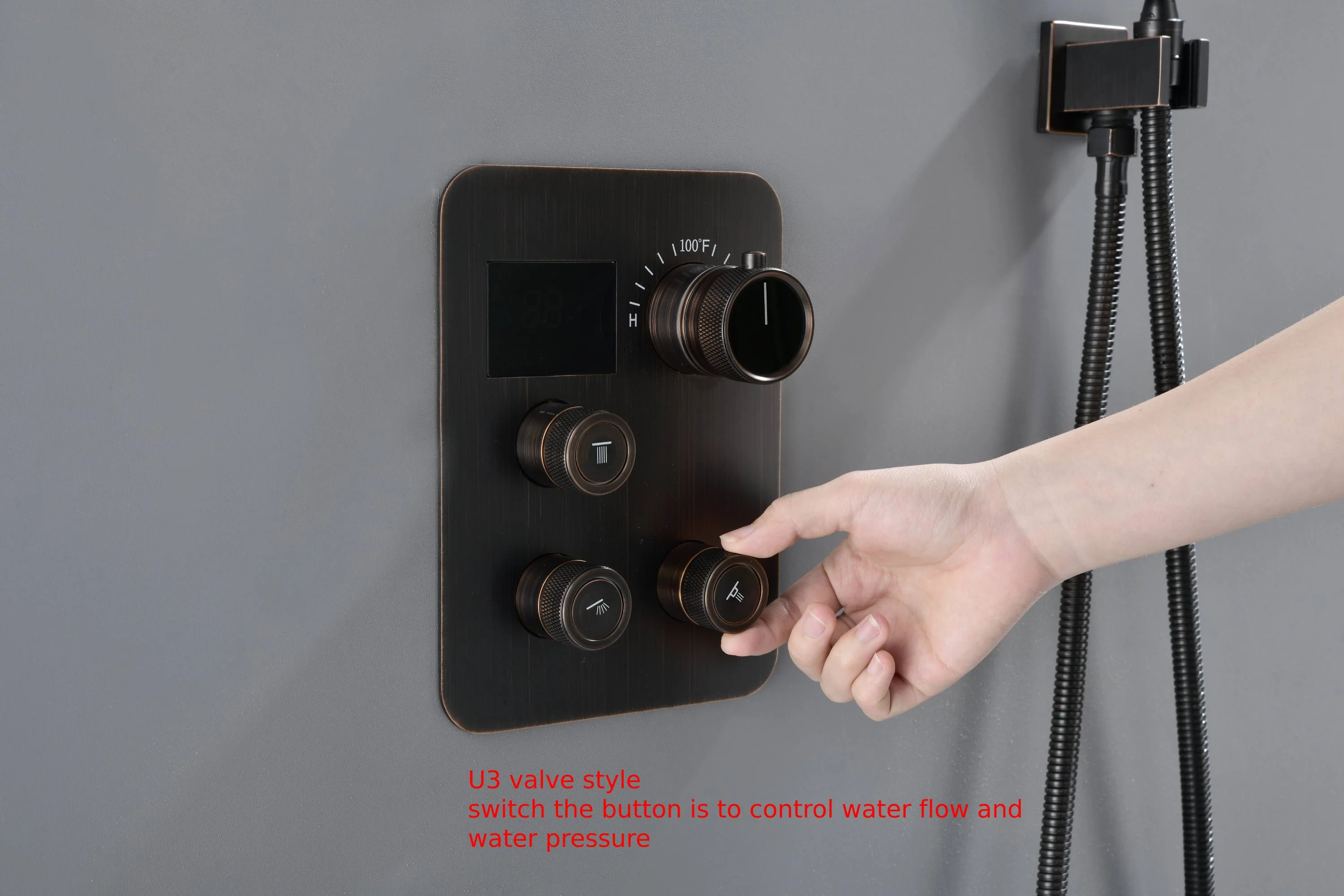 12-Inch Wall Mounted Oil Rubbed Bronze 3-Way Thermostatic Shower Faucet System:LED or Non-LED Options, Simultaneous and Independent Functions with Waterfall Tub Spout - Image 6
