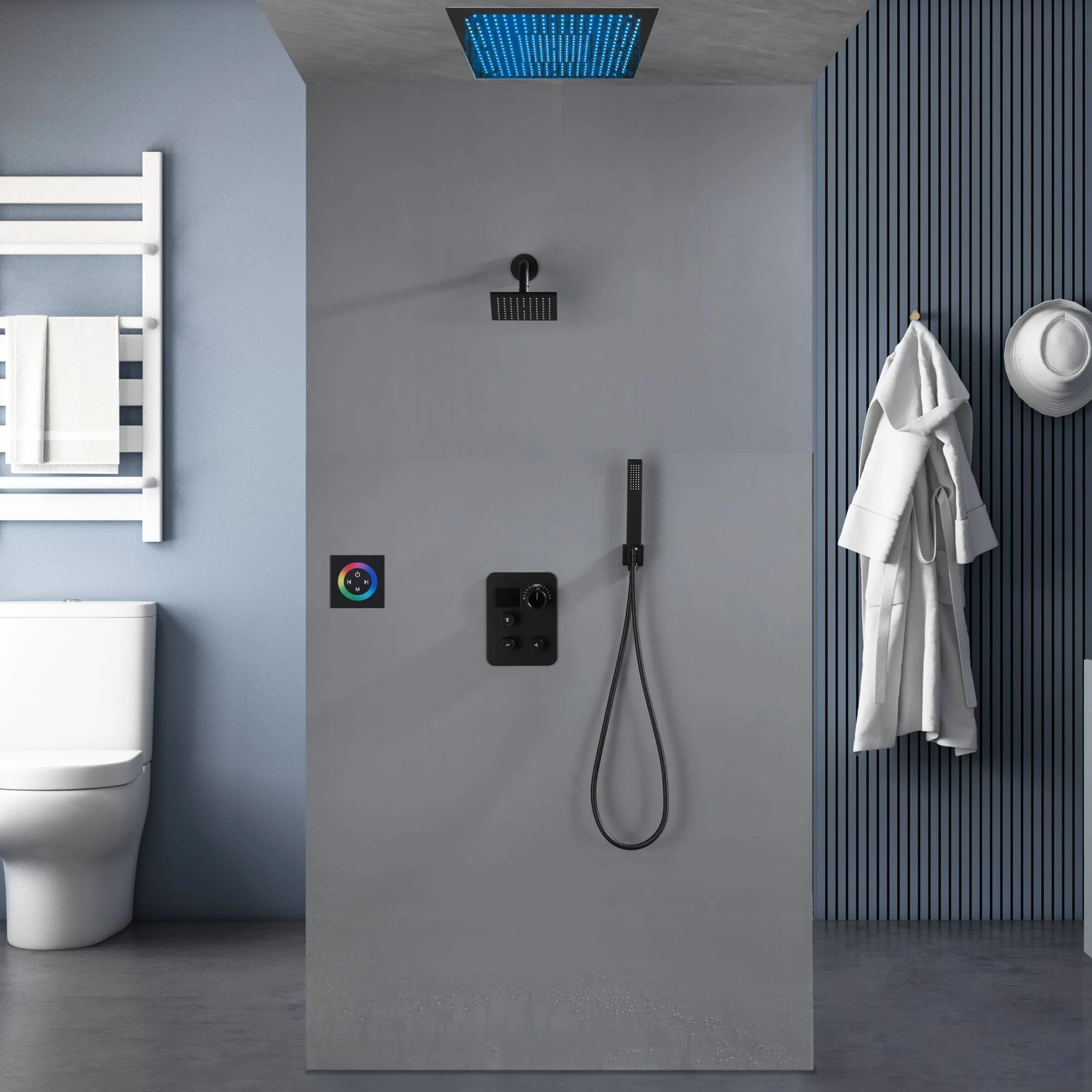 Flush Mount Shower Faucet Set with 3-Way Digital Thermostatic Control, 64-Color LED Lights