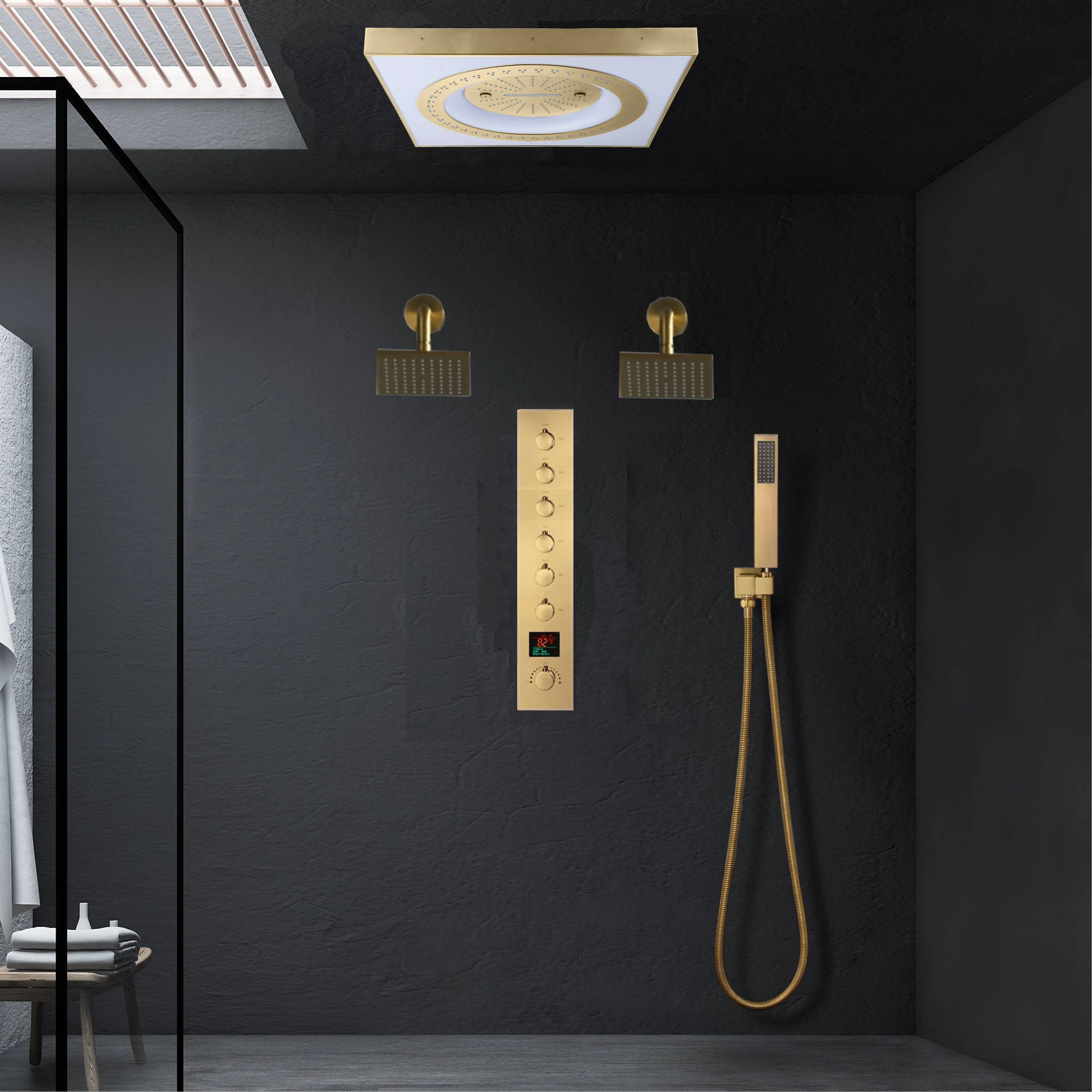 24" Flush Mount Rainfall Waterfall 6-Way Digital Shower System with LED, Dual Regular Heads - Image 19
