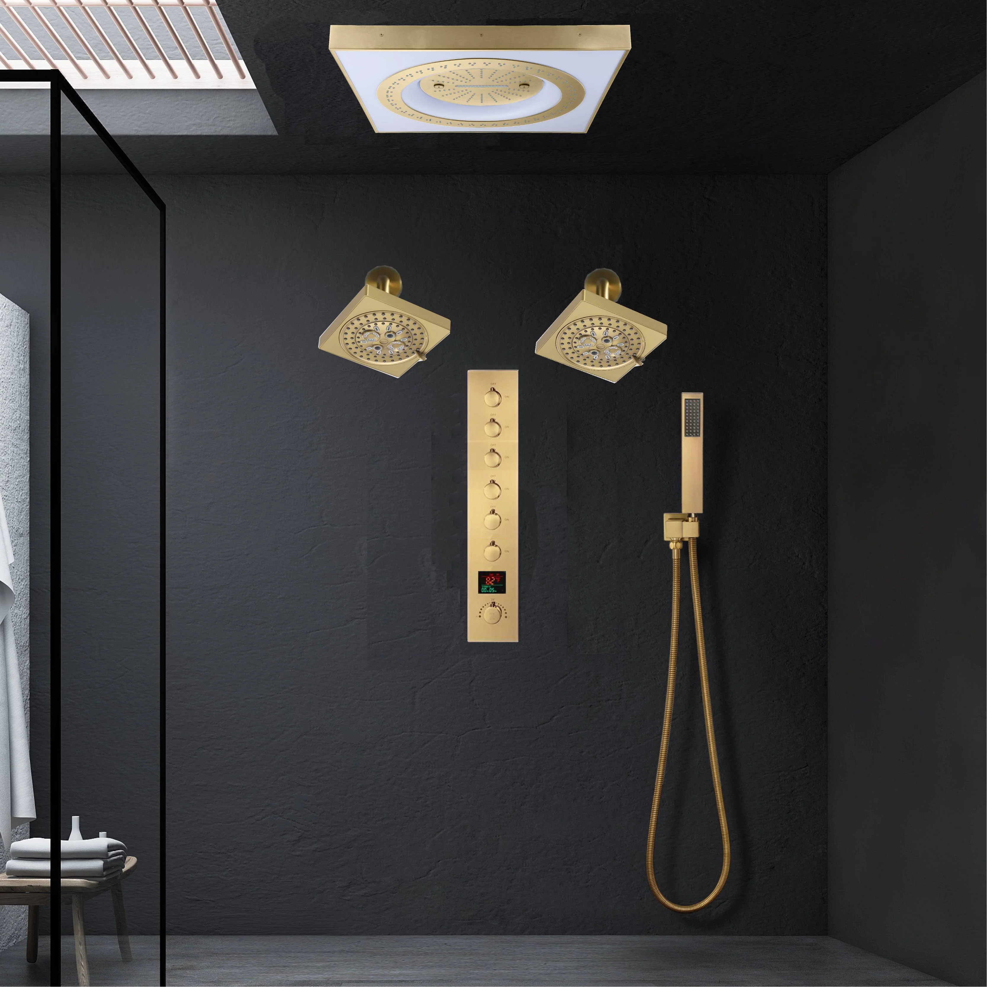 24" Flush Mount Rainfall Waterfall 6-Way Digital Shower System with LED, Dual Regular Heads - Image 20