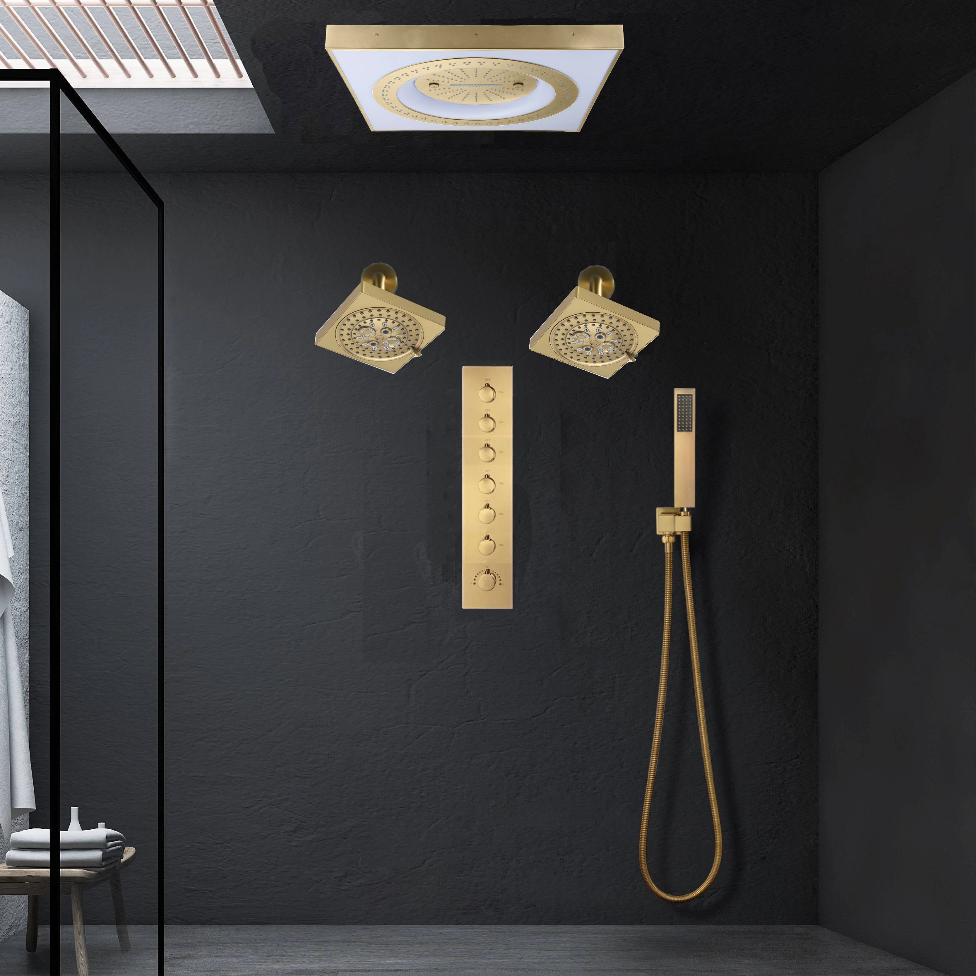 24" Flush Mount Rainfall Waterfall 6-Way Digital Shower System with LED, Dual Regular Heads - Image 22
