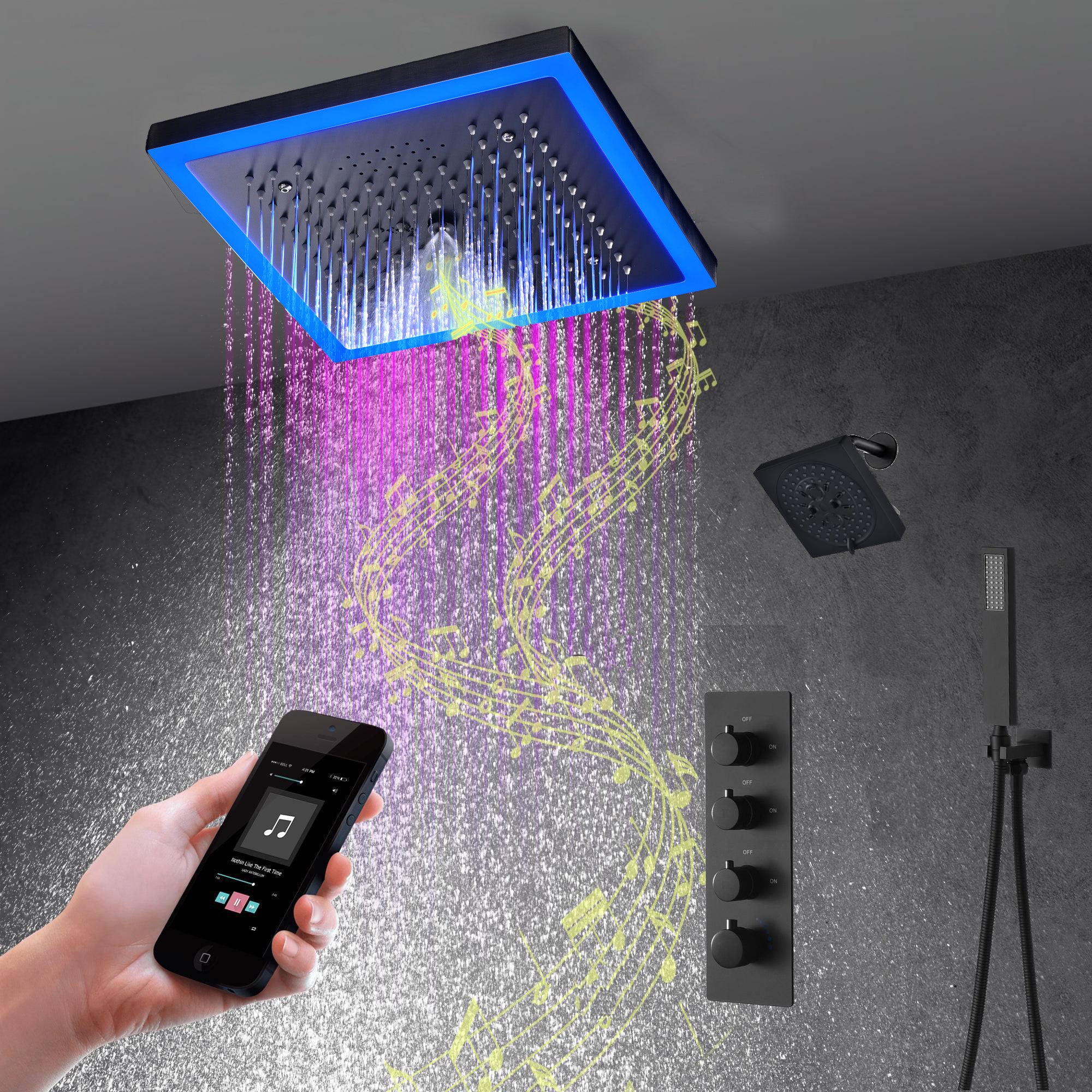 Matte Black 12" Flush-Mount Shower Faucet Set with LED Lights, Bluetooth Music, Regular Head - Image 2