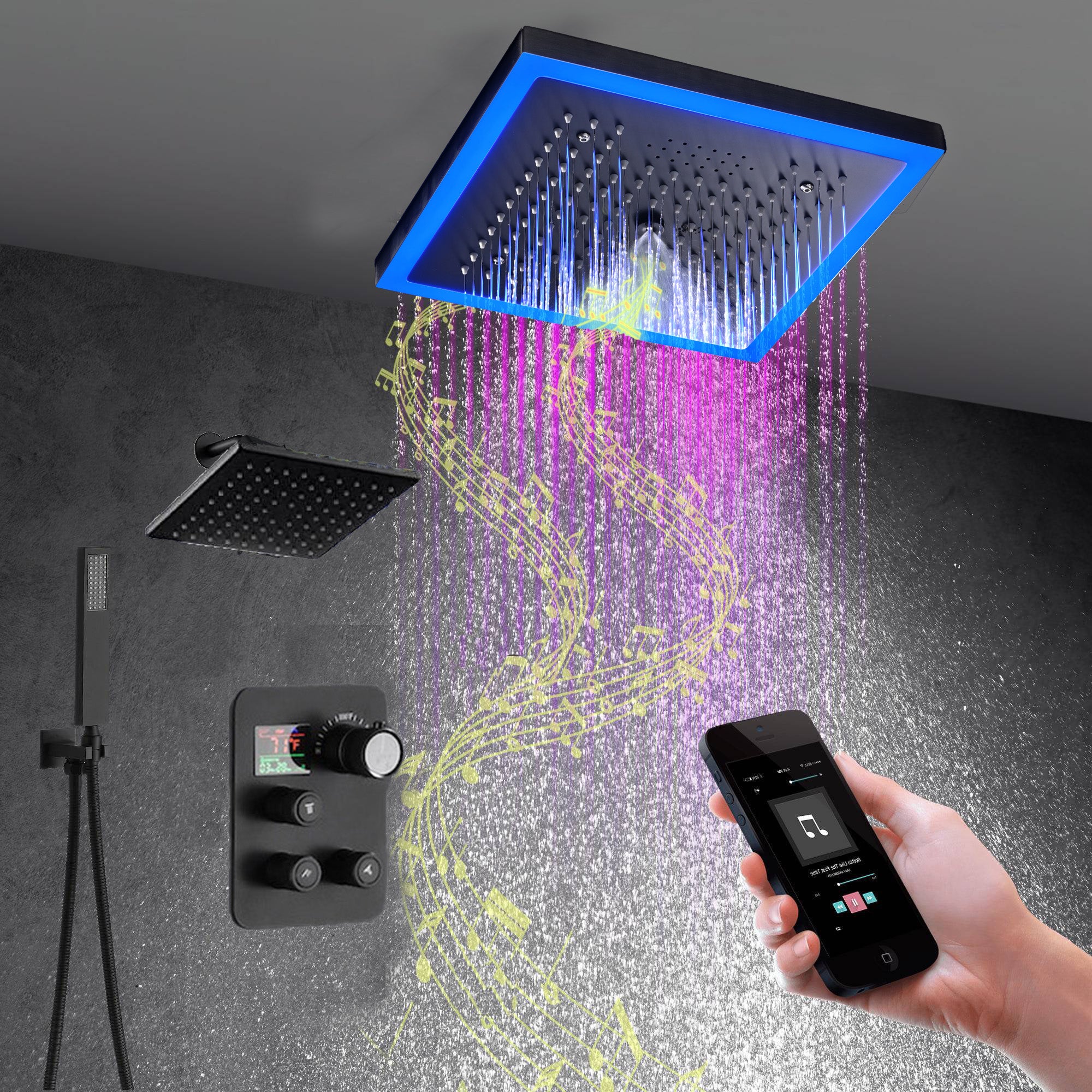 Matte Black 12" Flush-Mount Shower Faucet Set with LED Lights, Bluetooth Music, Regular Head - Image 3