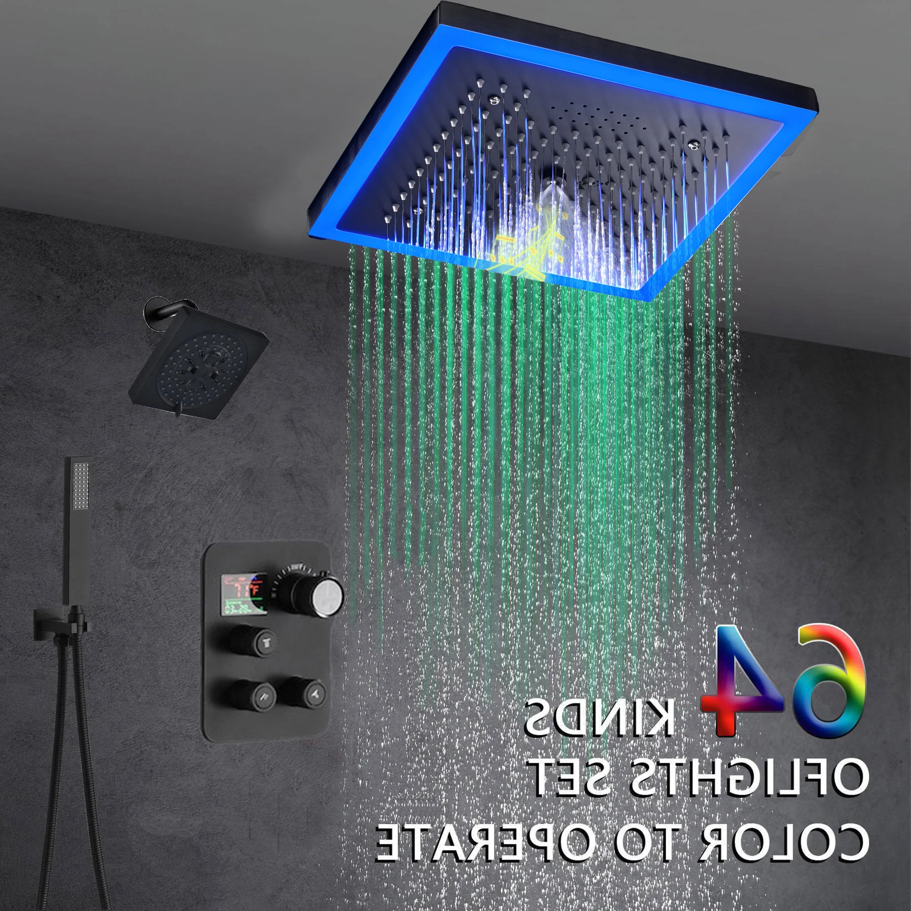 Matte Black 12" Flush-Mount Shower Faucet Set with LED Lights, Bluetooth Music, Regular Head - Image 4