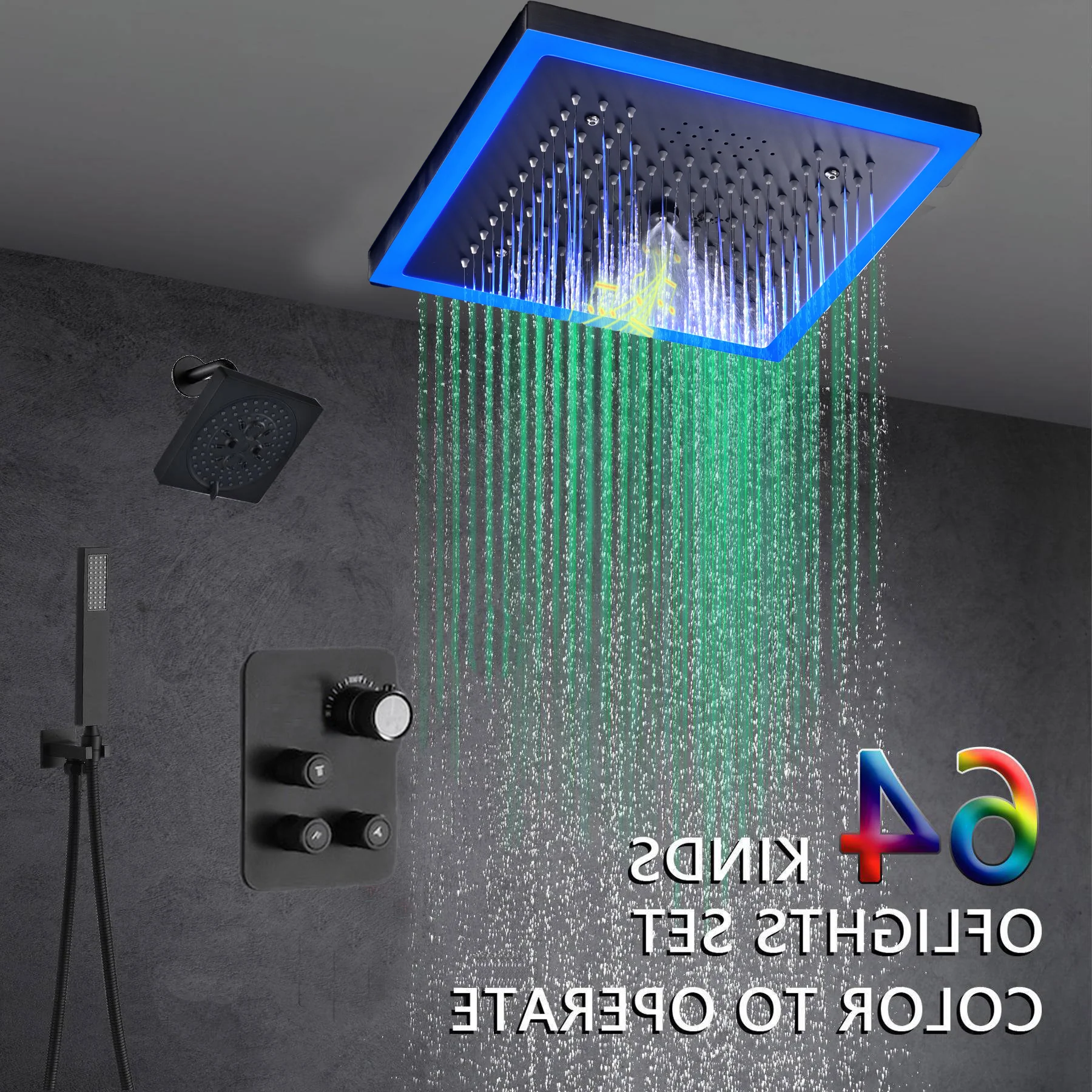 Matte Black 12" Flush-Mount Shower Faucet Set with LED Lights, Bluetooth Music, Regular Head - Image 5