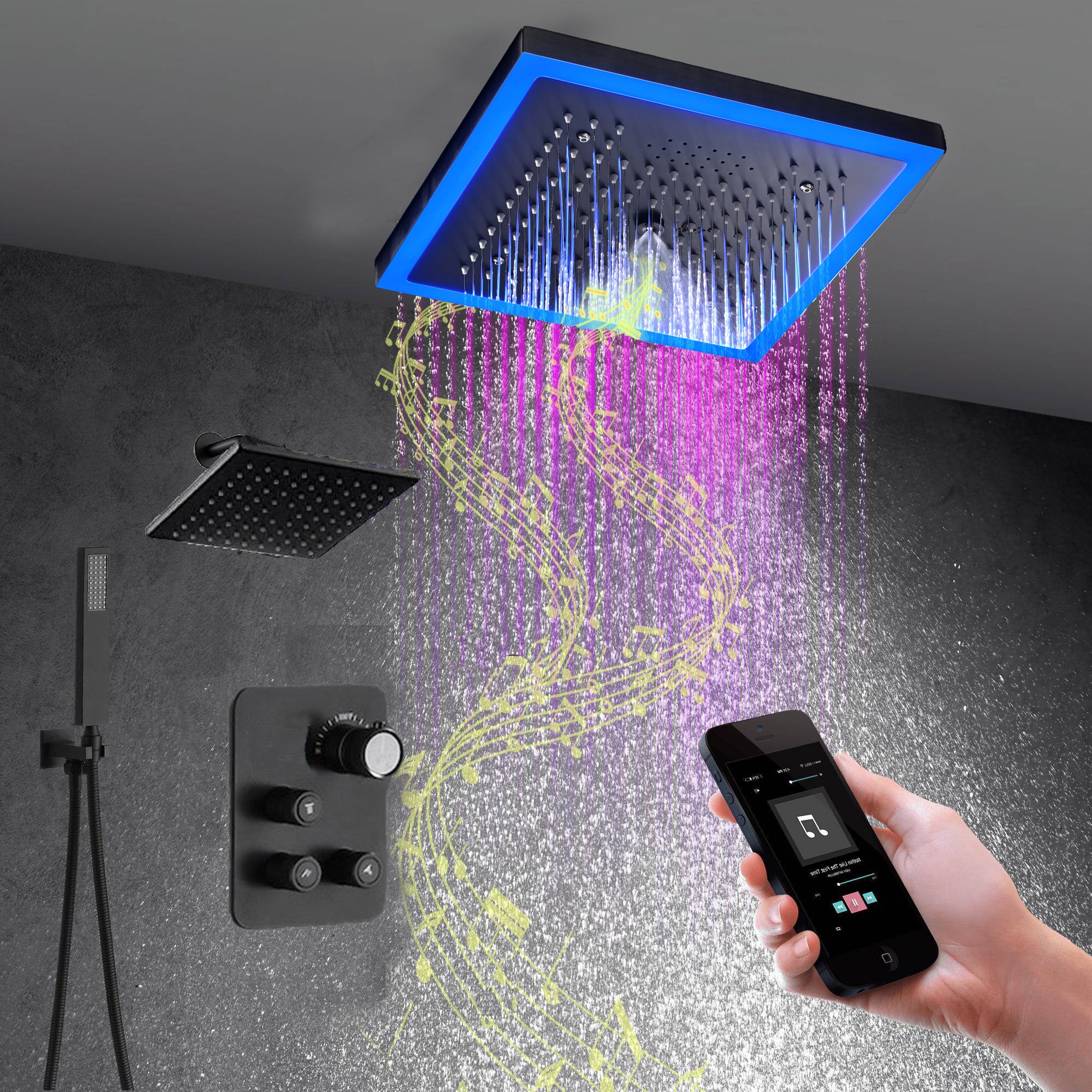 Matte Black 12" Flush-Mount Shower Faucet Set with LED Lights, Bluetooth Music, Regular Head - Image 6