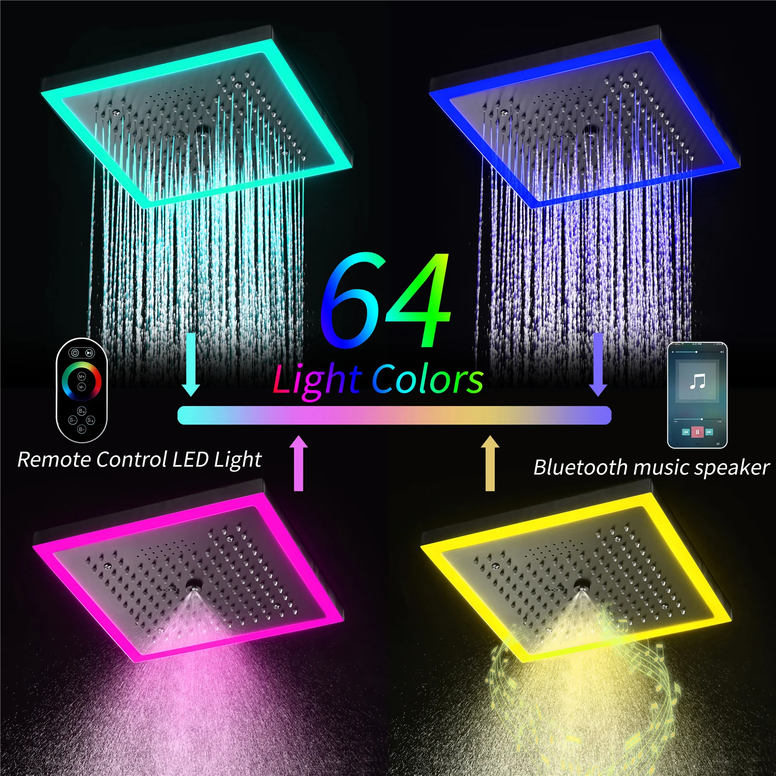 Matte Black 12" Flush-Mount Shower Faucet Set with LED Lights, Bluetooth Music, Regular Head - Image 7