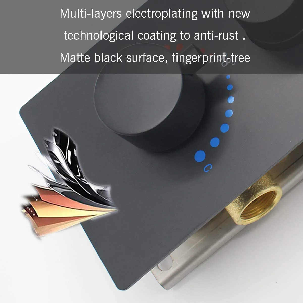 Matte Black Ceiling-Mounted 3-Way Thermostatic Shower System with 20-Inch LED or Non-LED Rainfall Shower Head, 6 Body Jets, and Sliding Bar - Image 6