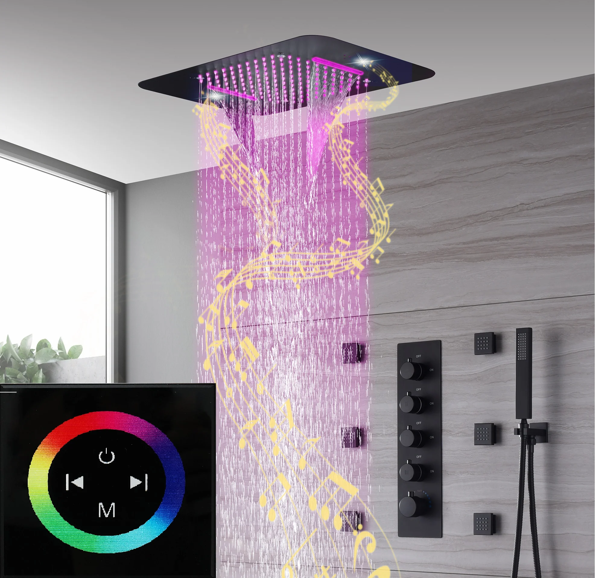 matte black 23 inch rainfall waterfall 64 LED lights Bluetooth Music shower 4 way thermostatic shower system with to touch panel and 6 body jets
