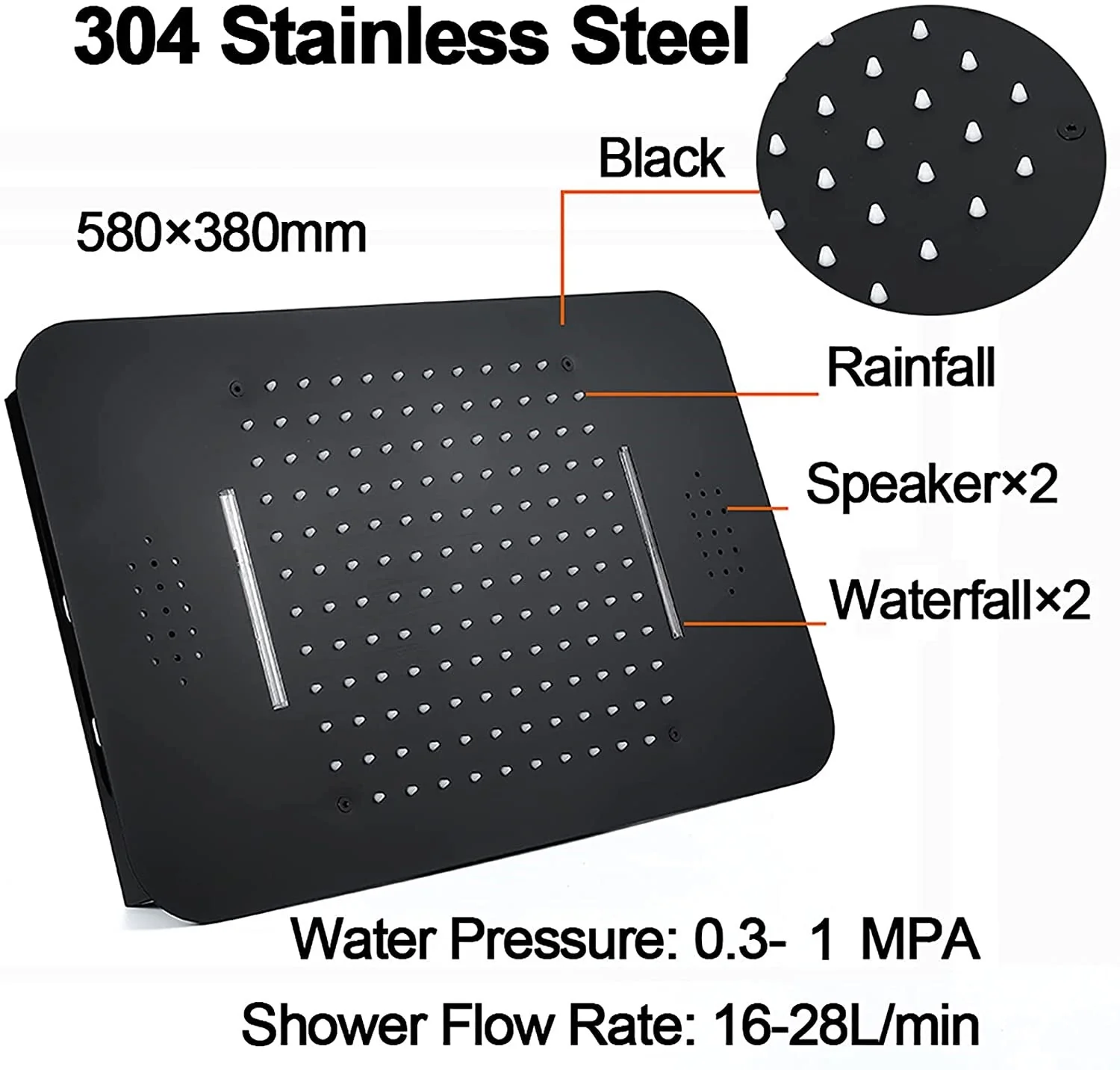 matte black 23 inch rainfall waterfall 64 LED lights Bluetooth Music shower 5 way digital display thermostatic shower system with to touch panel and 6 body jets and regular head wall mount - Image 6