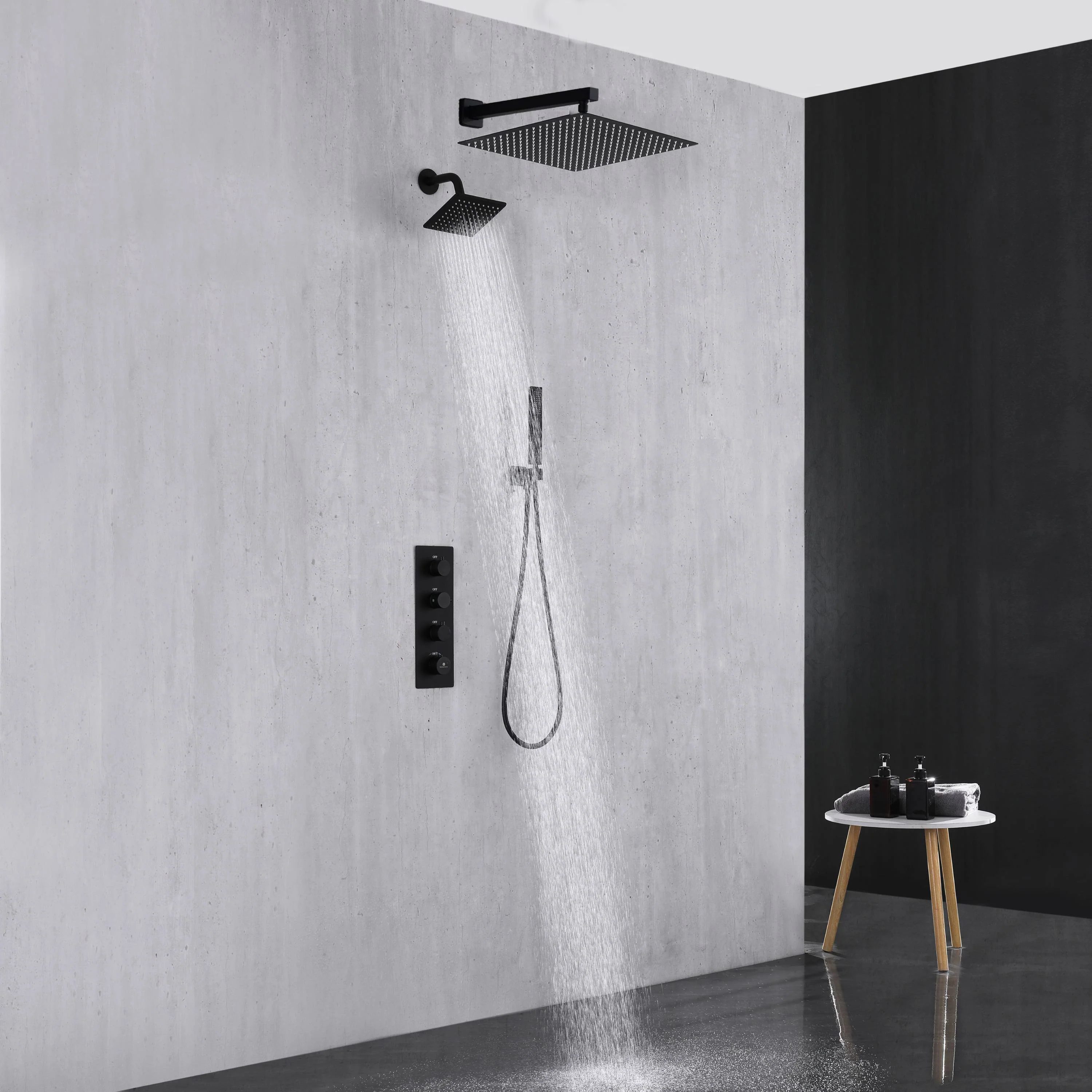 Matte Black 3-Way Thermostatic Wall Mount Shower System - With High Pressure 6-inch Wall Mount Shower Head and Choice of 12 or 16-inch Rainfall Head