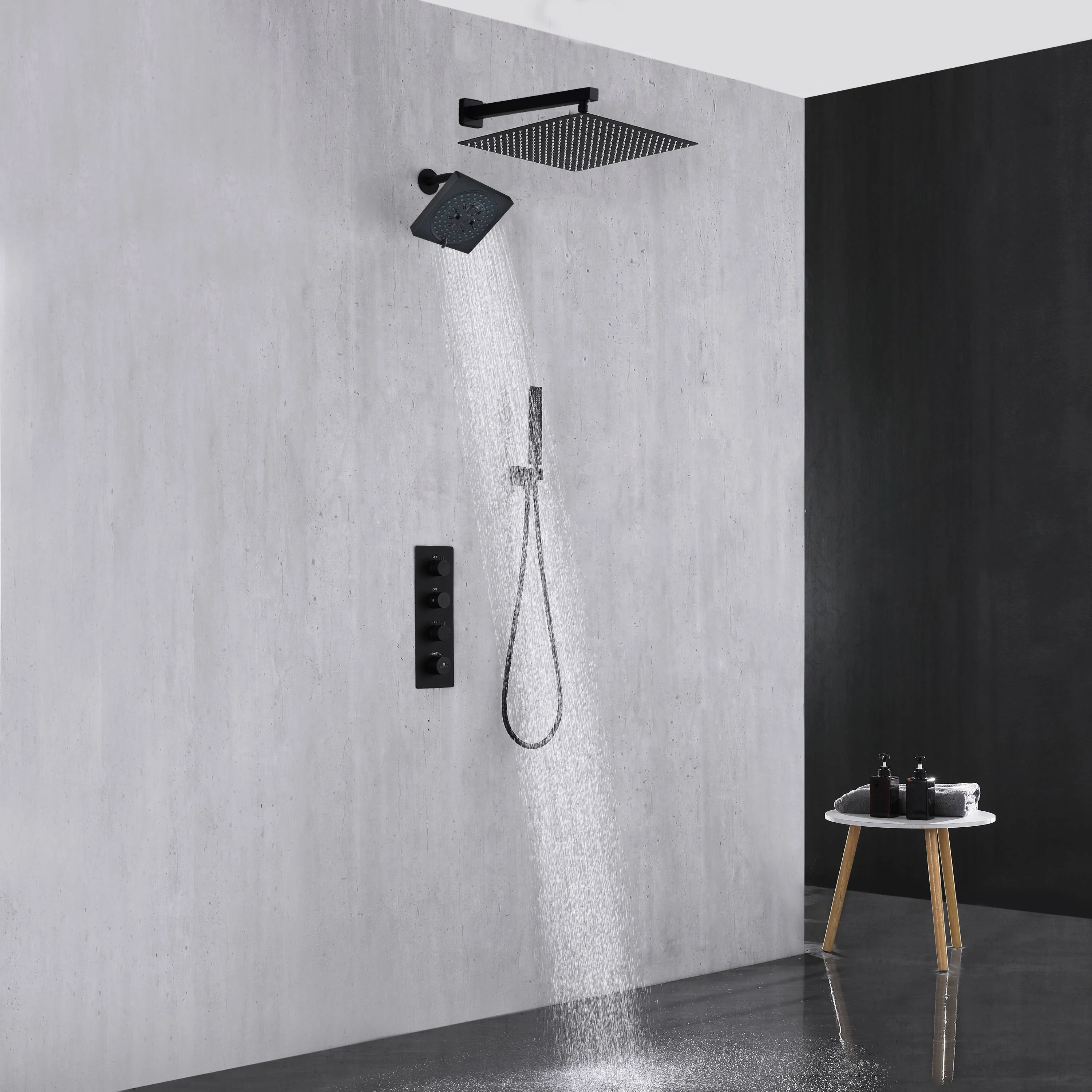 Matte Black 3-Way Thermostatic Wall Mount Shower System - With High Pressure 6-inch Wall Mount Shower Head and Choice of 12 or 16-inch Rainfall Head - Image 2