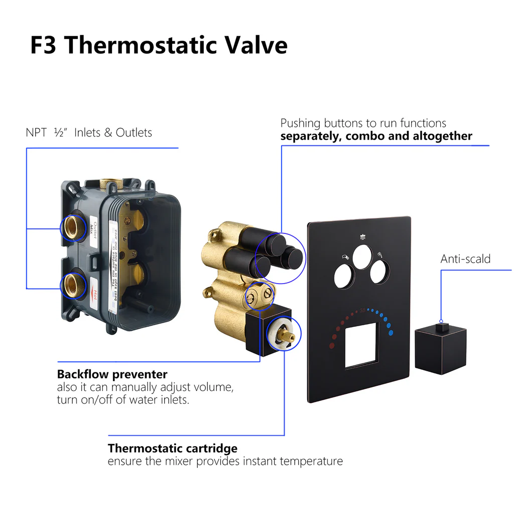 Matte Black or OIL Rubber Bronze 3-Way Thermostatic valve with trim and each function work at the same time and separately - Image 5