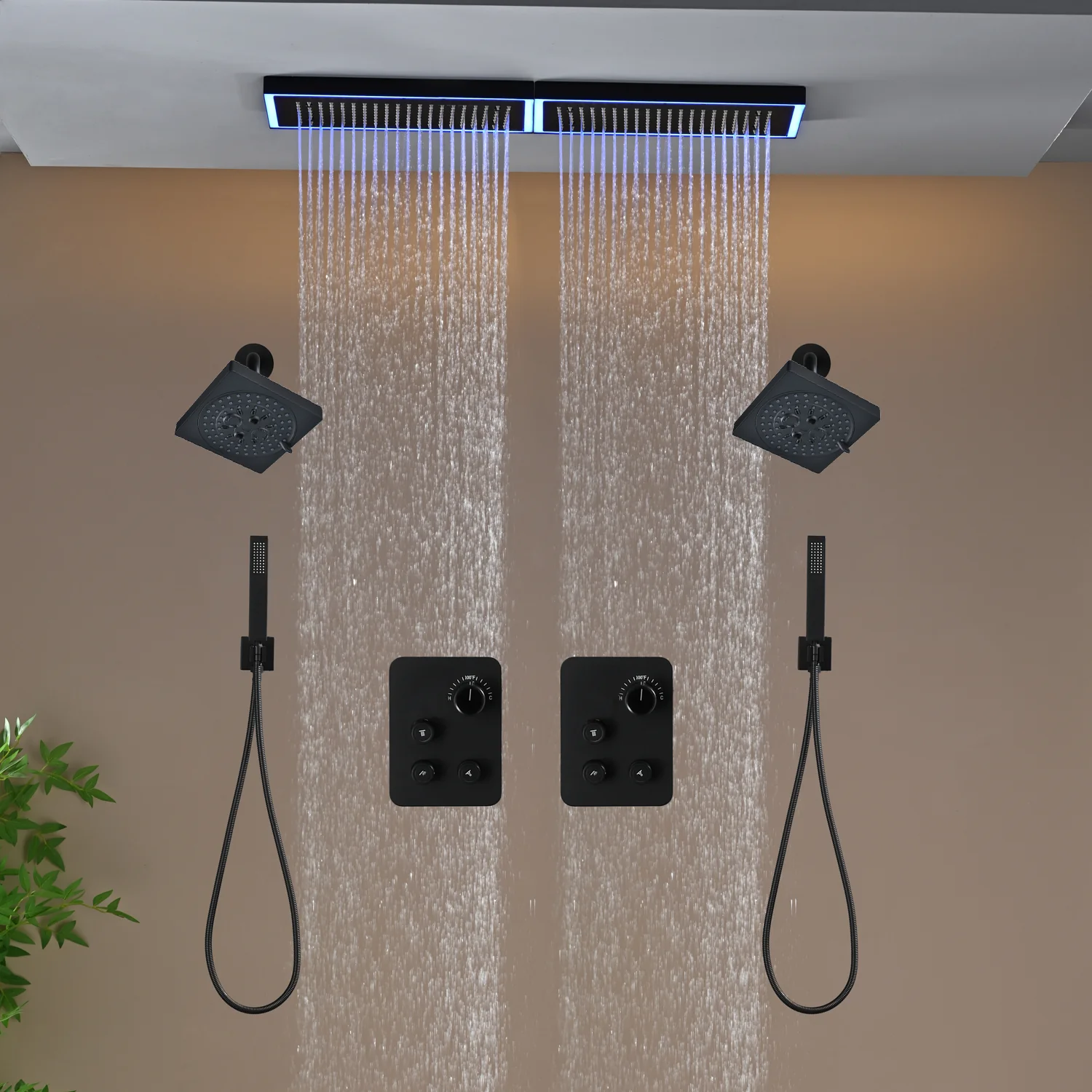 Flush Mount 32 x 8 inch Rainfall 64 LED Light Shower Head with 6-Way Thermostatic Faucet and High-Pressure Dual Regular Heads - Image 36