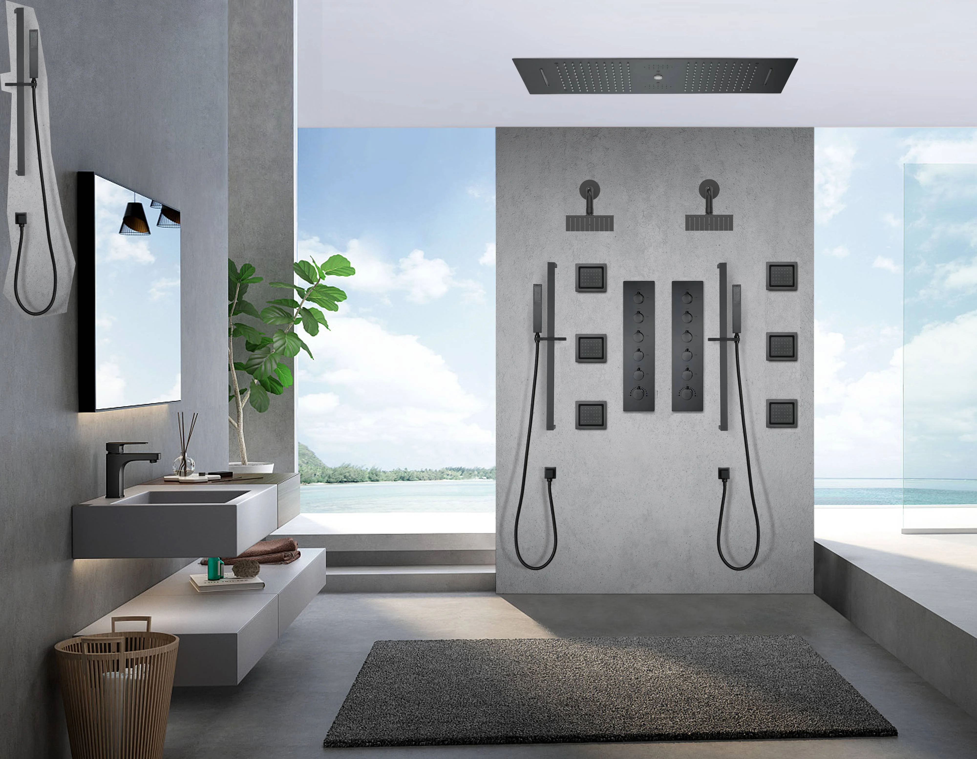 Matte Black 35" Bluetooth Music LED Shower System with Waterfall, 5-Way Digital Thermostatic Valve, 6 Body Jets - Image 4