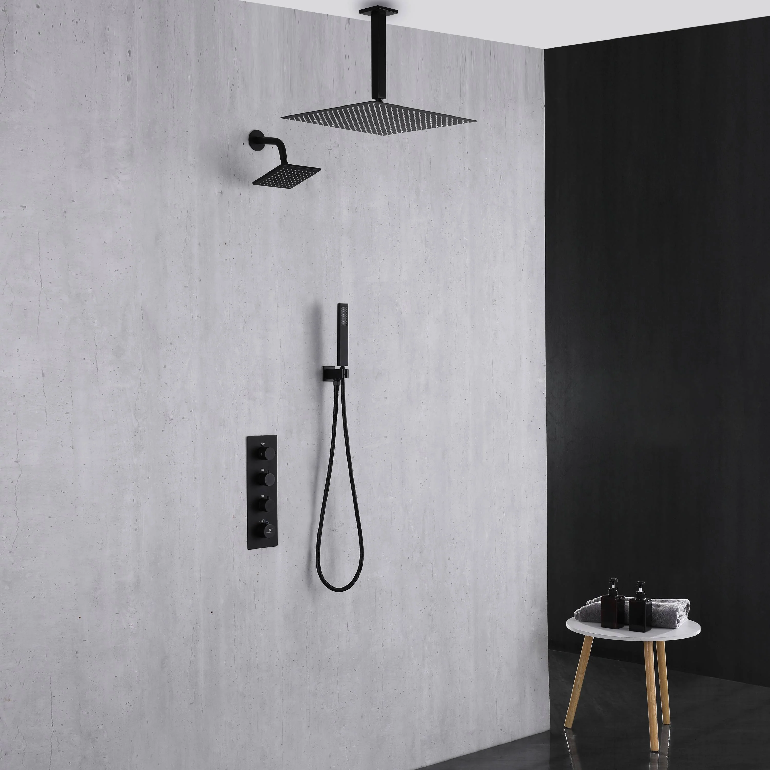 Matte Black 3-Way Thermostatic Ceiling Mount Shower System - With High Pressure 6-inch Wall Mount Shower Head and Choice of 12 or 16-inch Rainfall LED or Non-LED Shower Head - Image 11
