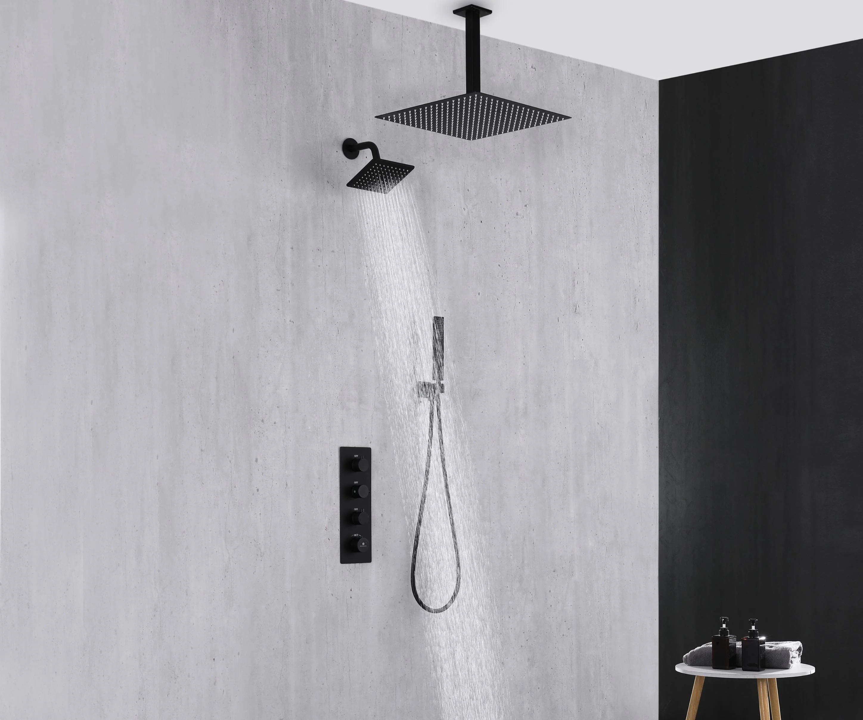 Matte Black 3-Way Thermostatic Ceiling Mount Shower System - With High Pressure 6-inch Wall Mount Shower Head and Choice of 12 or 16-inch Rainfall LED or Non-LED Shower Head - Image 17