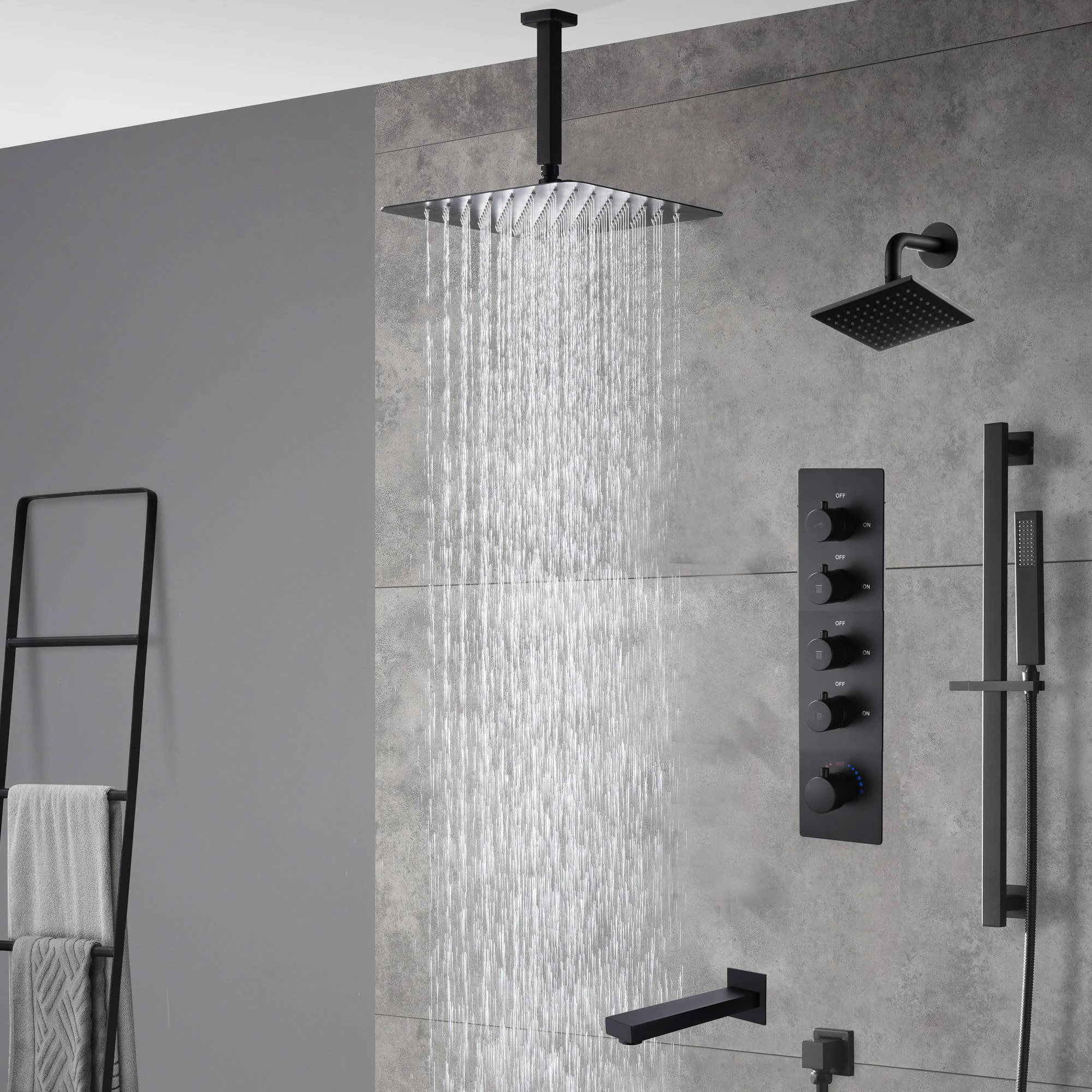 Matte Black Ceiling-Mounted 4-Way Thermostatic Shower System with Regular and Rainfall Heads 12'' or 16'' And Tub Spout
