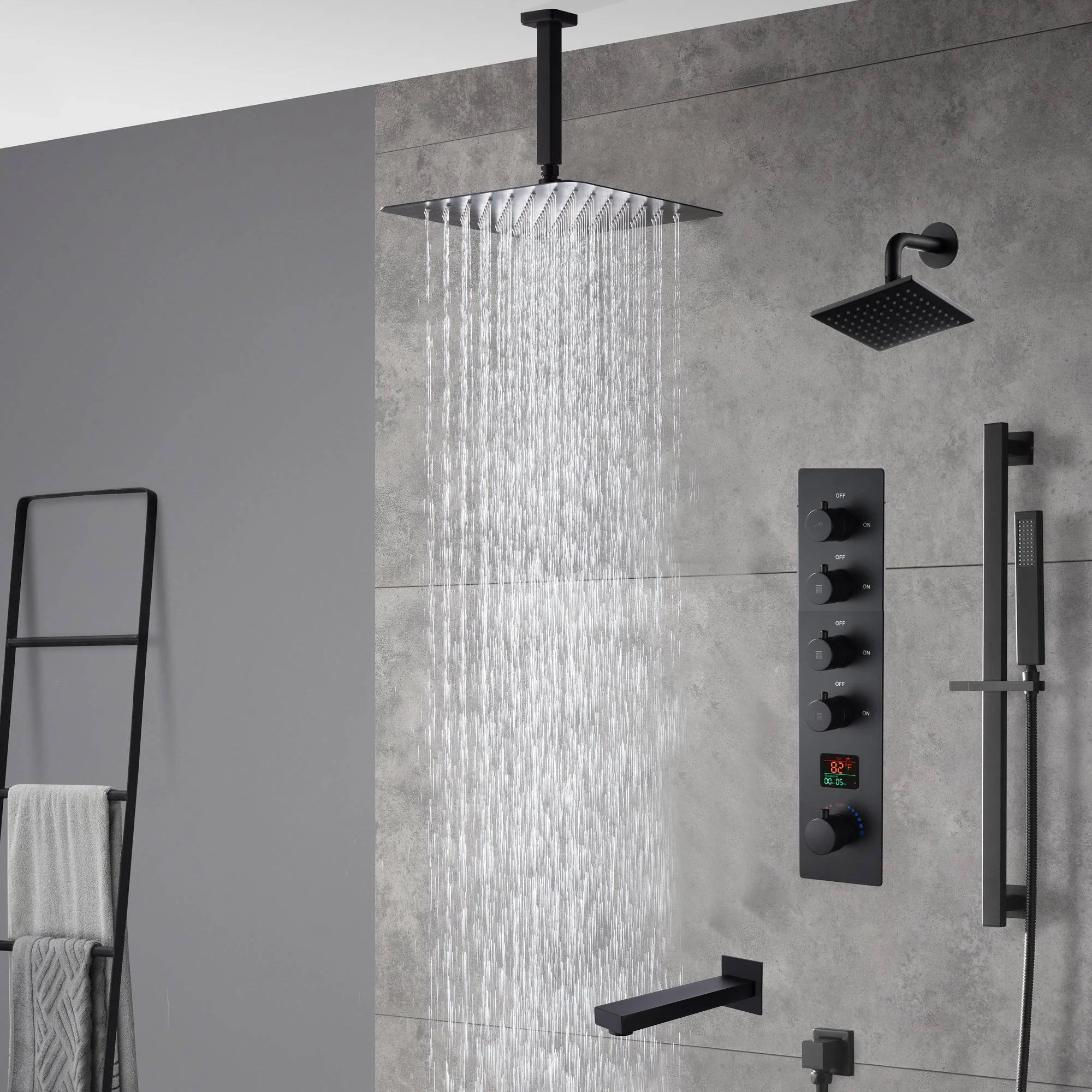 Matte Black Ceiling-Mounted 4-Way Digital Thermostatic Shower System with Regular and Rainfall Heads 12'' or 16'' And Tub Spout
