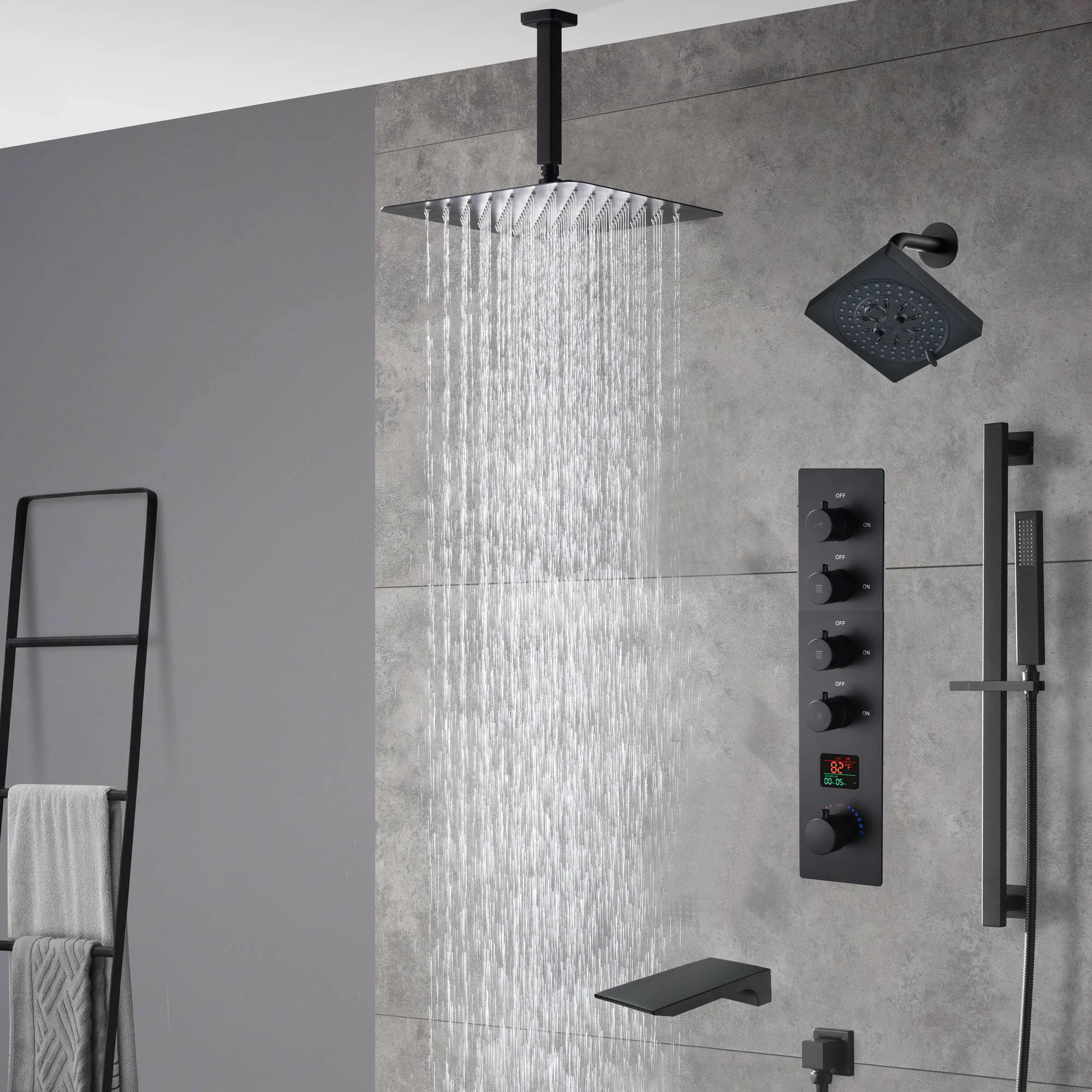 Matte Black Ceiling-Mounted 4-Way Digital Thermostatic Shower System with Regular and Rainfall Heads 12'' or 16'' And Tub Spout - Image 6