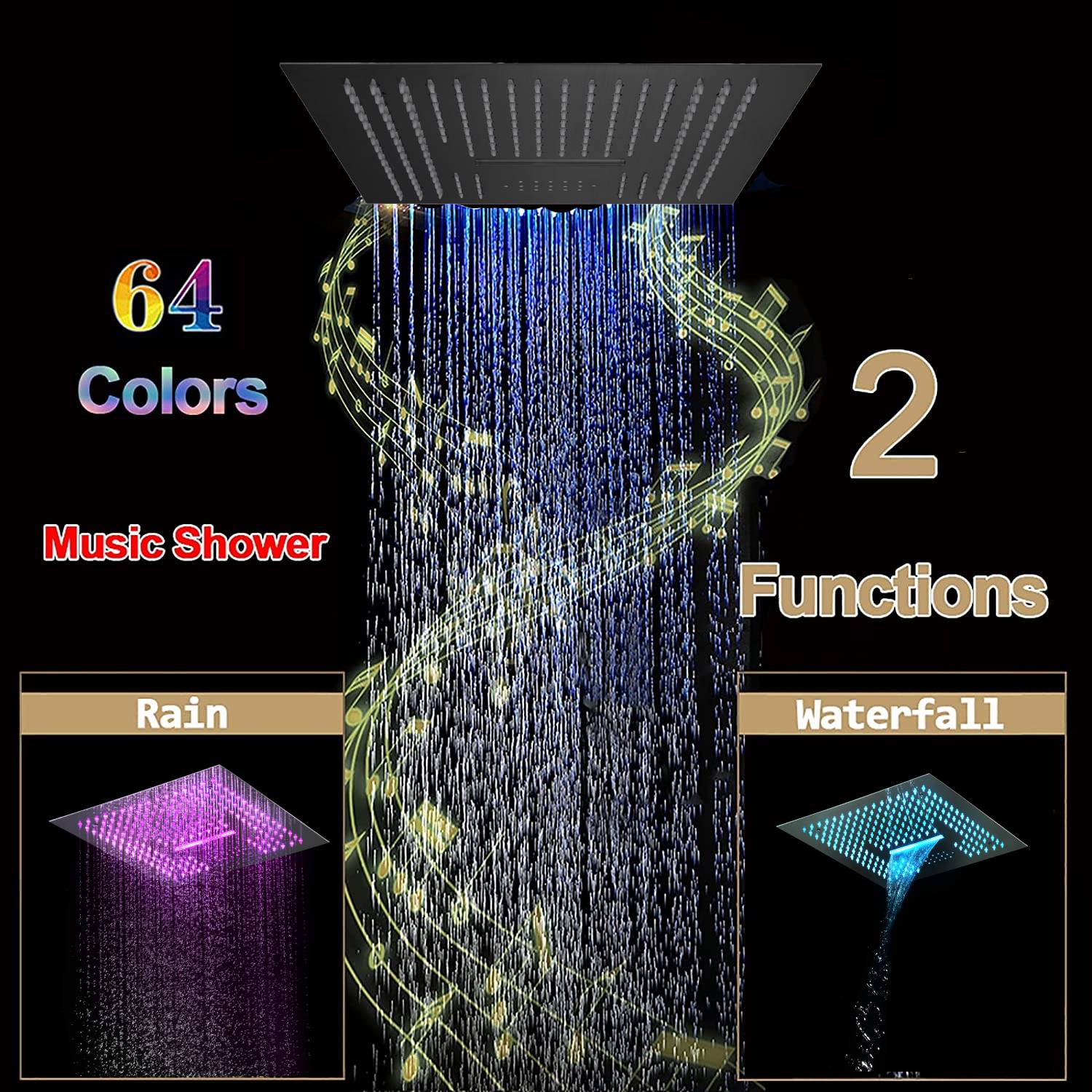 Matte Black LED Music Shower System: 16" with 6-Way Digital Thermostatic Control, Body Jets - Image 5