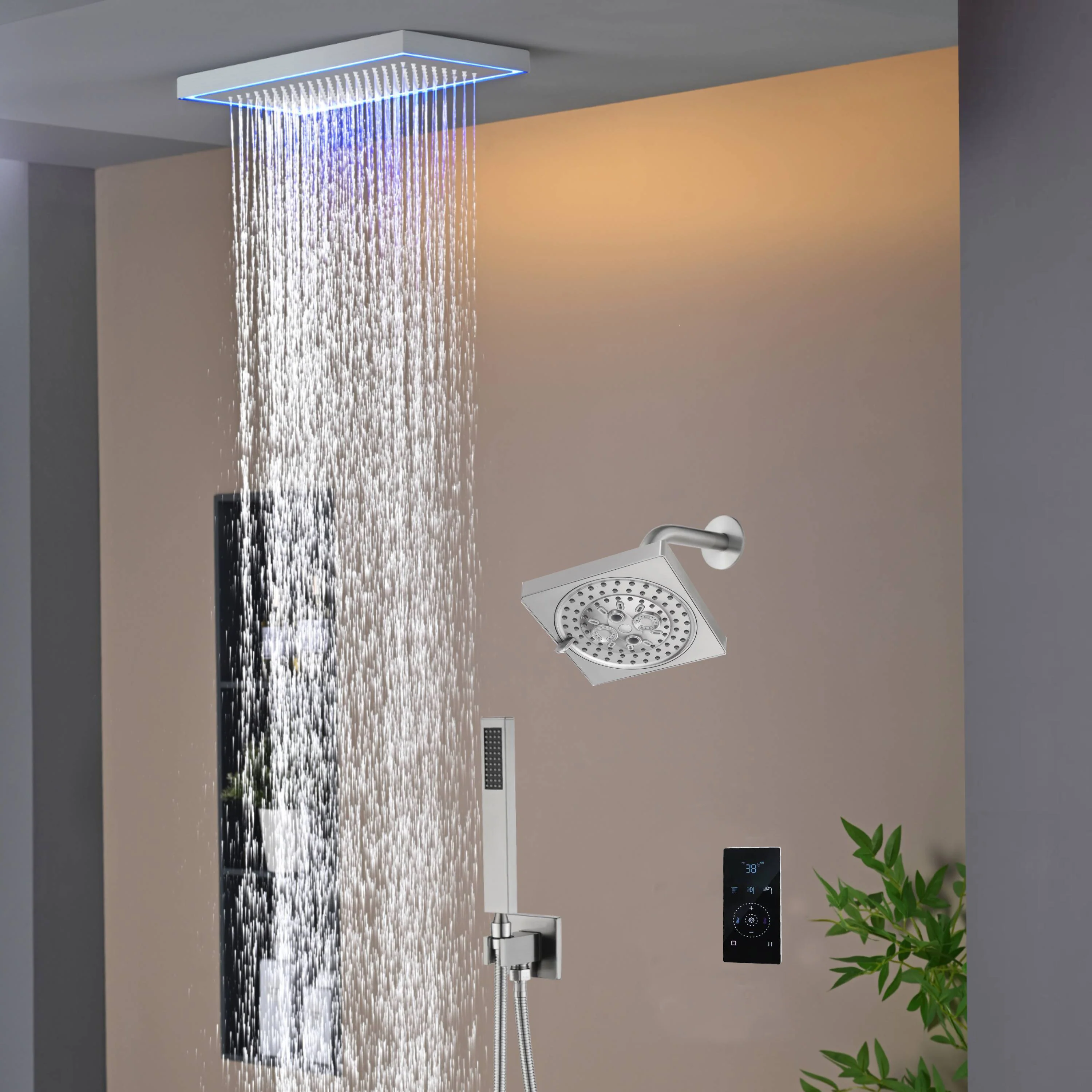 Matte Black or Brushed Gold or Brushed Nickel 16 x 8 inch rainfall Flush mount  Shower Head 3-Way digital display touch panel Shower Faucet with 6'' regular head - Image 2