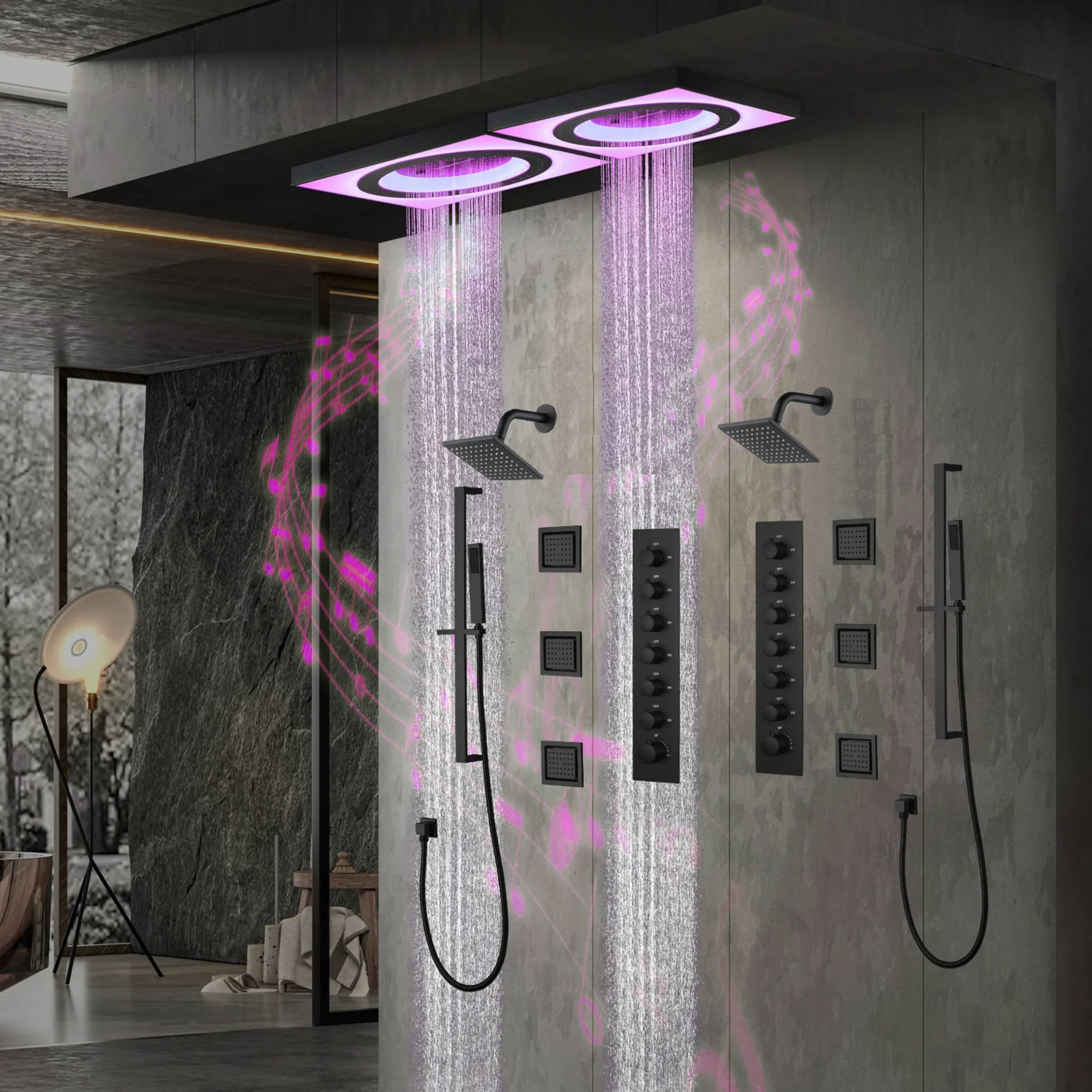 48" x 24" Flush Mount Rainfall Waterfall Shower System with LED, 6-Way Thermostatic Faucet, Dual Regular Heads