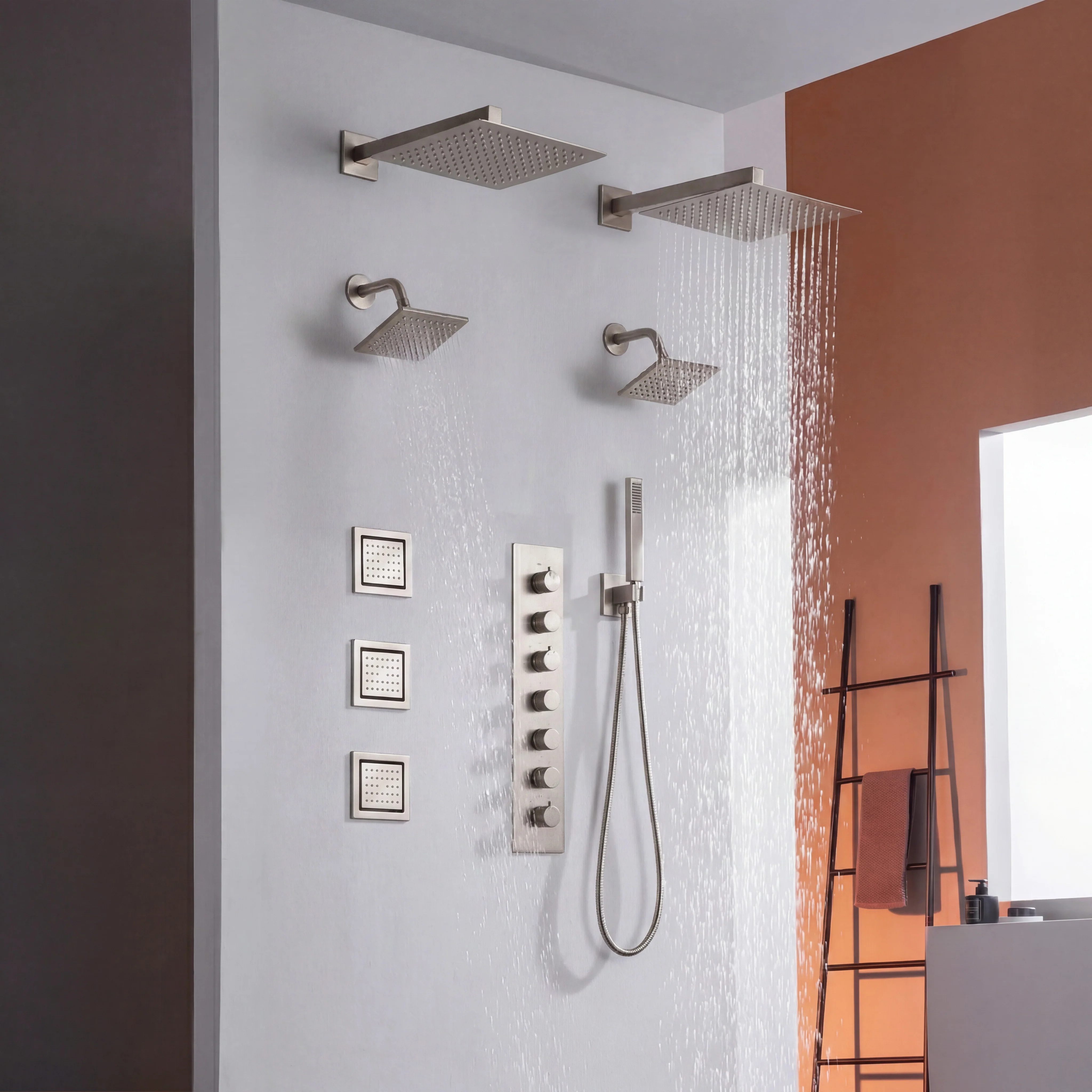 matte black or brushed gold or brushed nickel dual rainfall head 6 way shower faucet with dual 6'' regular heads and 4'' body jets - Image 3