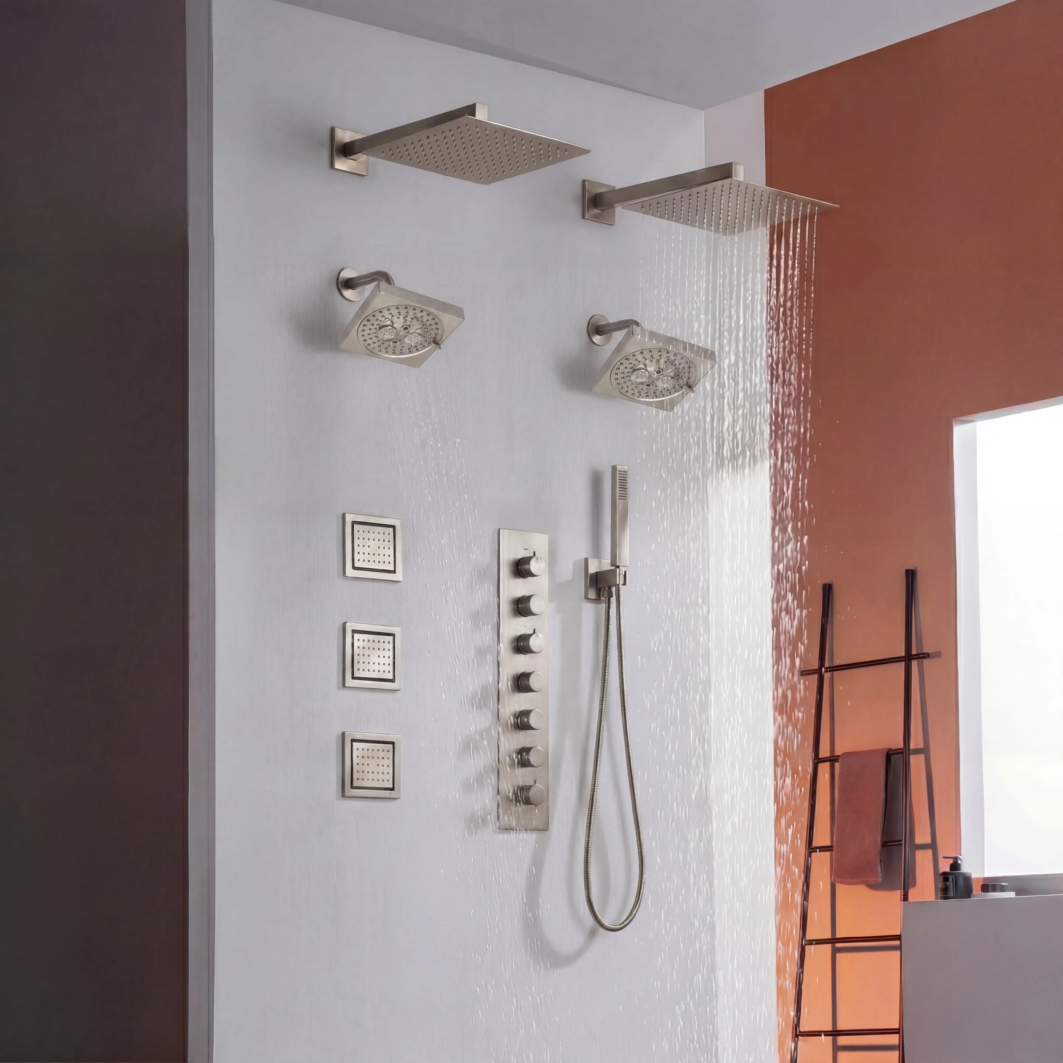 matte black or brushed gold or brushed nickel dual rainfall head 6 way shower faucet with dual 6'' regular heads and 4'' body jets - Image 4