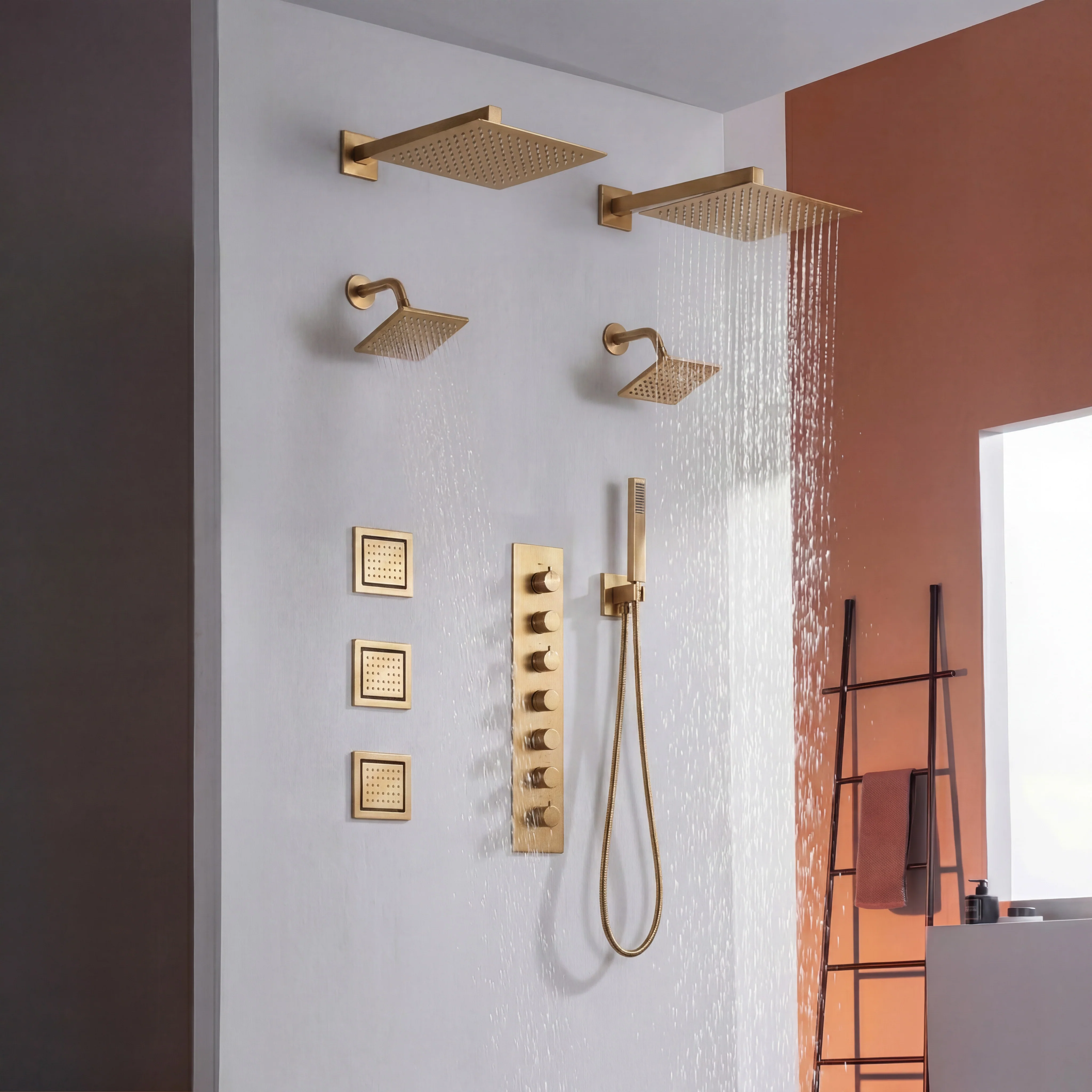 matte black or brushed gold or brushed nickel dual rainfall head 6 way shower faucet with dual 6'' regular heads and 4'' body jets - Image 5