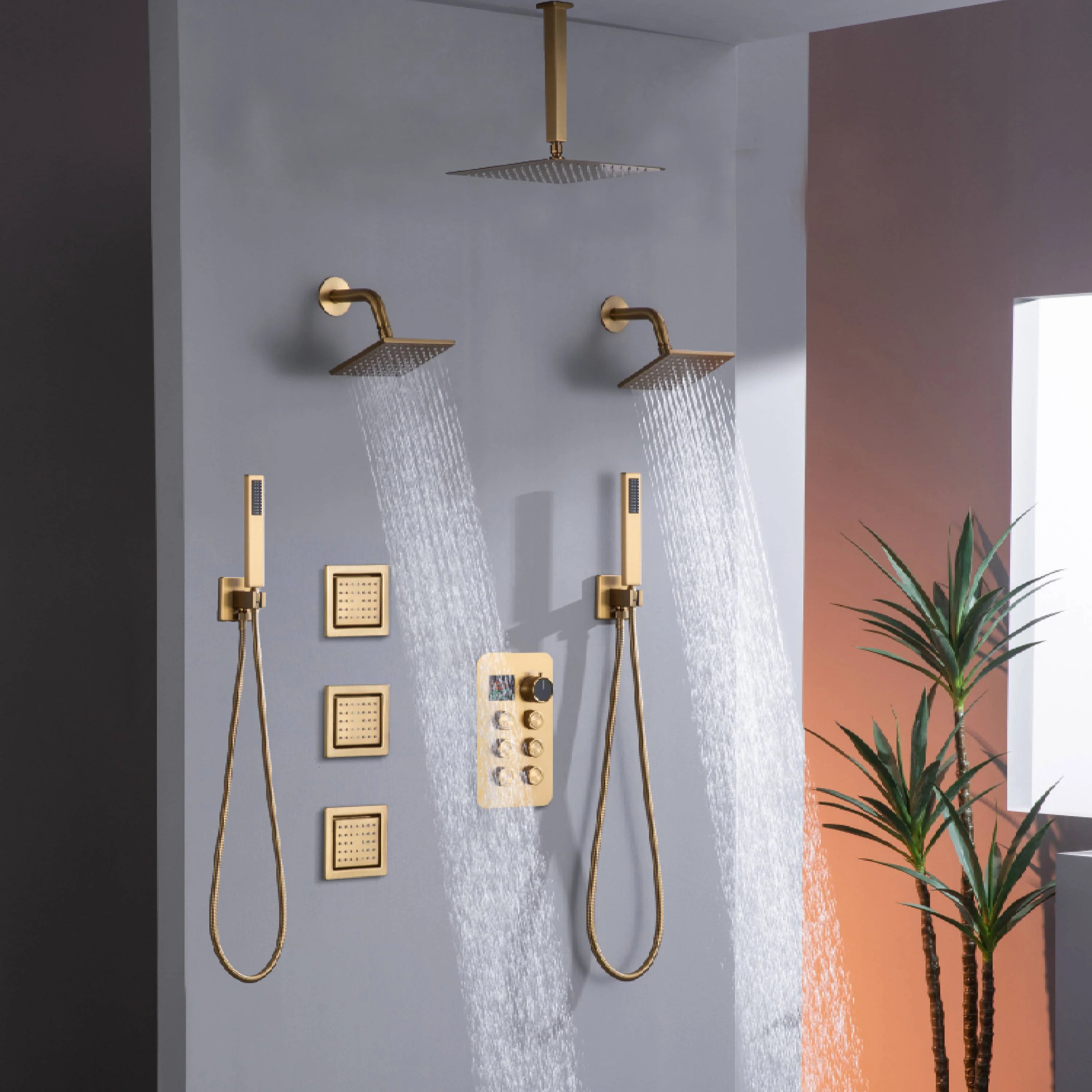 matte black or brushed gold or brushed nickel dual rainfall head 6 way digital display shower faucet with dual 6'' regular heads and Dual Handle Showers - Image 5