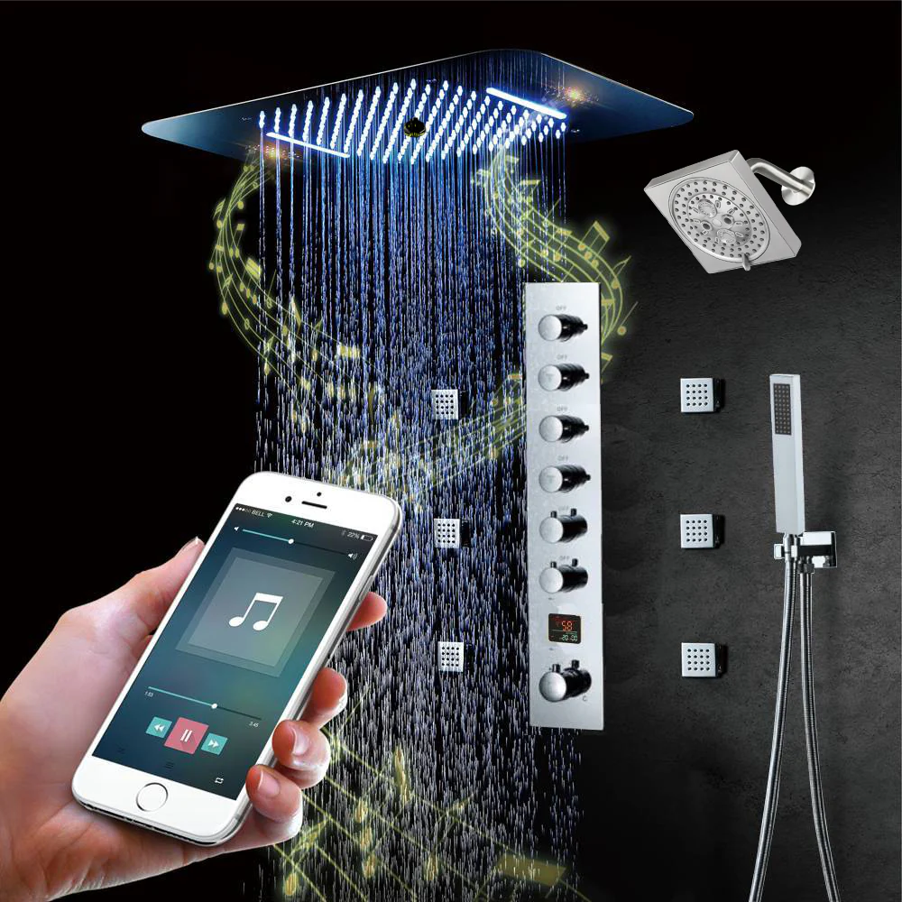 Matte Black or Brushed Gold or Brushed Nickel or Chrome LED Music Shower System 23 x 15 inch with 6-Way Digital Thermostatic Control, Body Jets - Image 12
